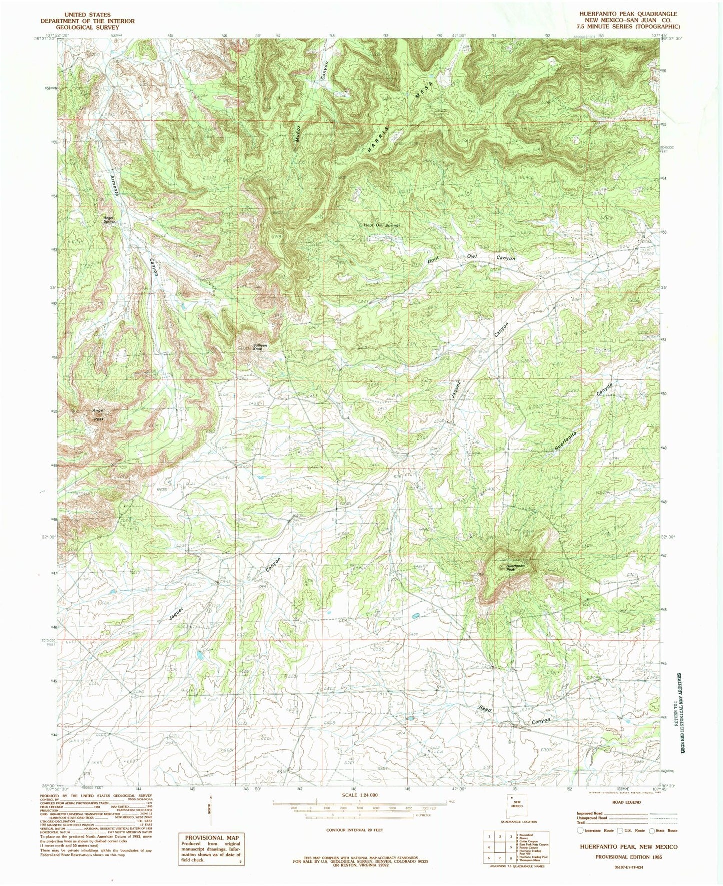Classic USGS Huerfanito Peak New Mexico 7.5'x7.5' Topo Map Image