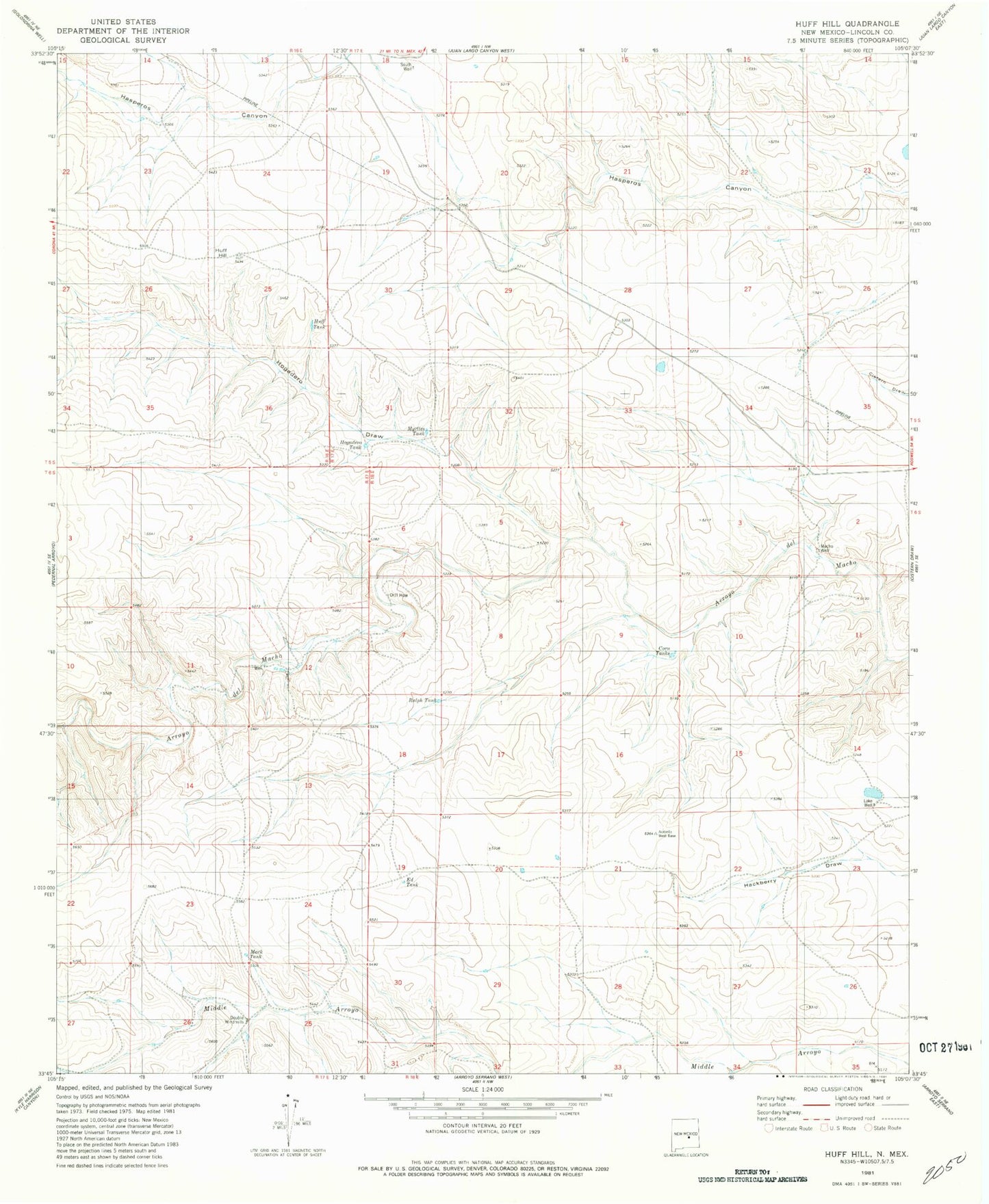 Classic USGS Huff Hill New Mexico 7.5'x7.5' Topo Map Image