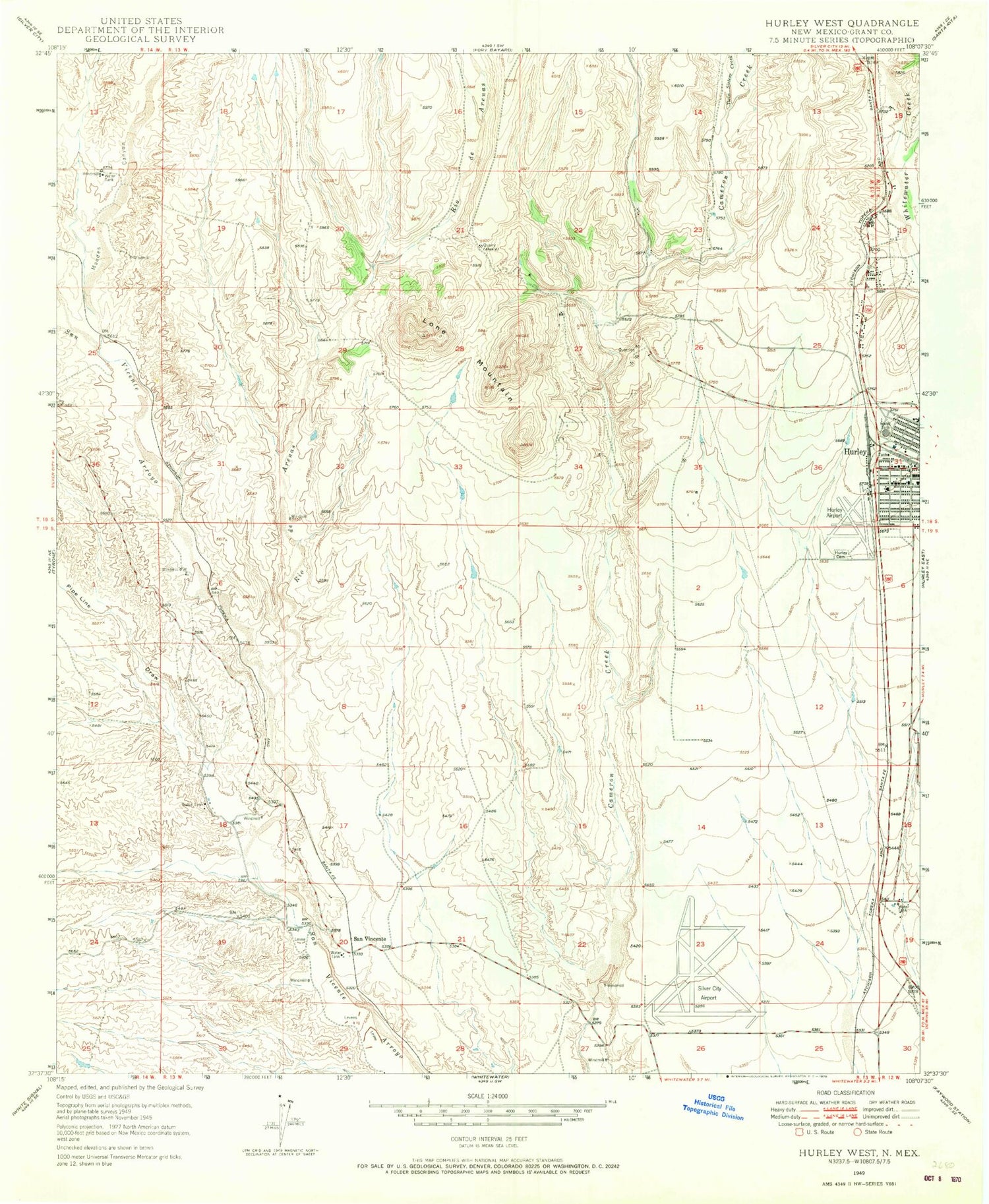 Classic USGS Hurley West New Mexico 7.5'x7.5' Topo Map Image