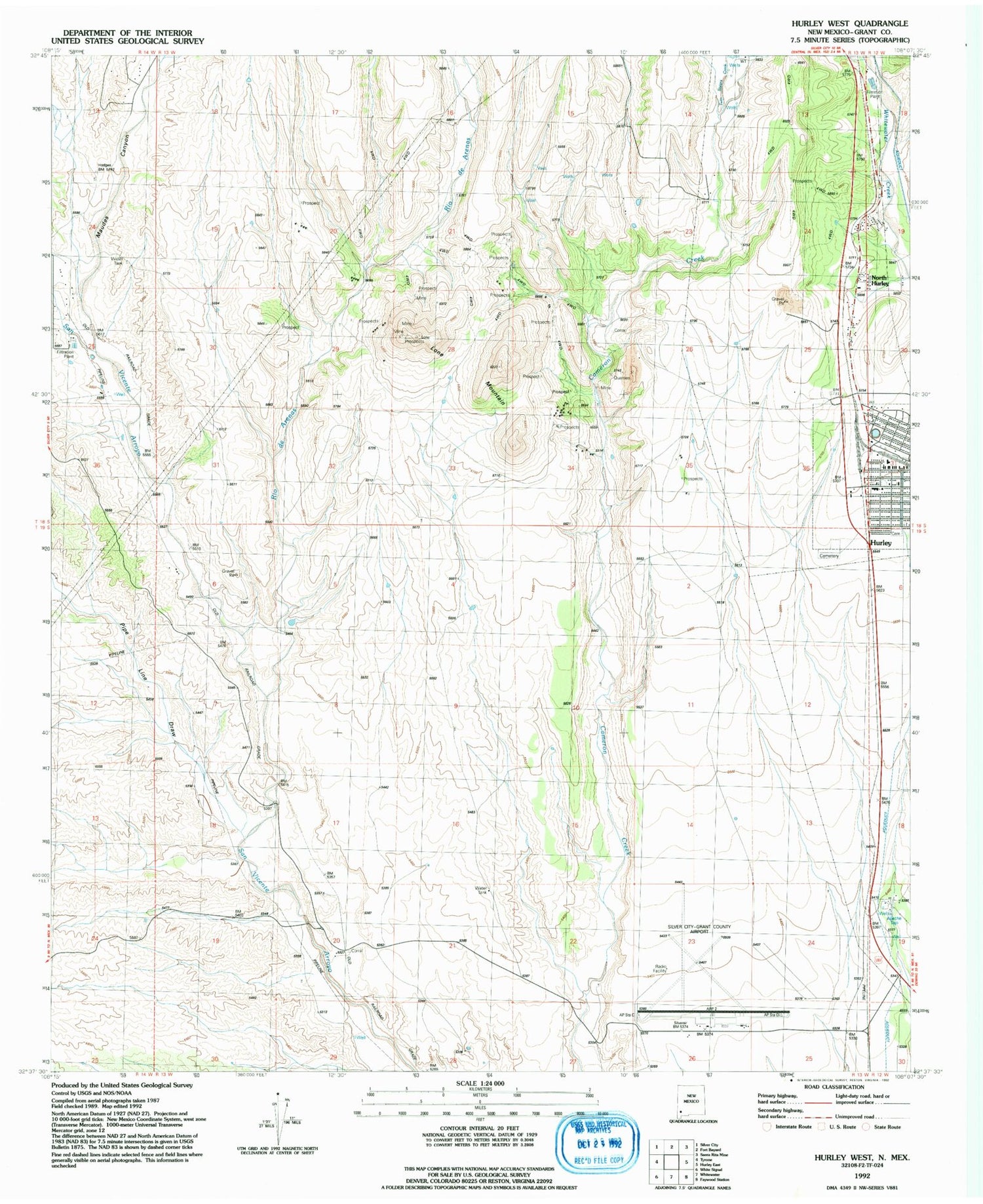 Classic USGS Hurley West New Mexico 7.5'x7.5' Topo Map Image