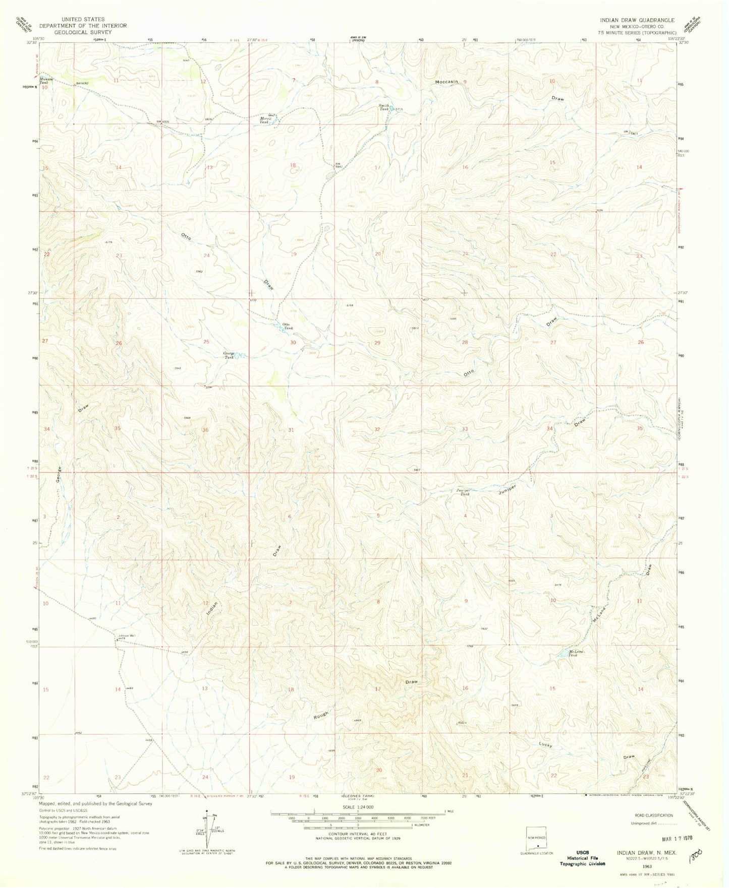 Classic USGS Indian Draw New Mexico 7.5'x7.5' Topo Map Image