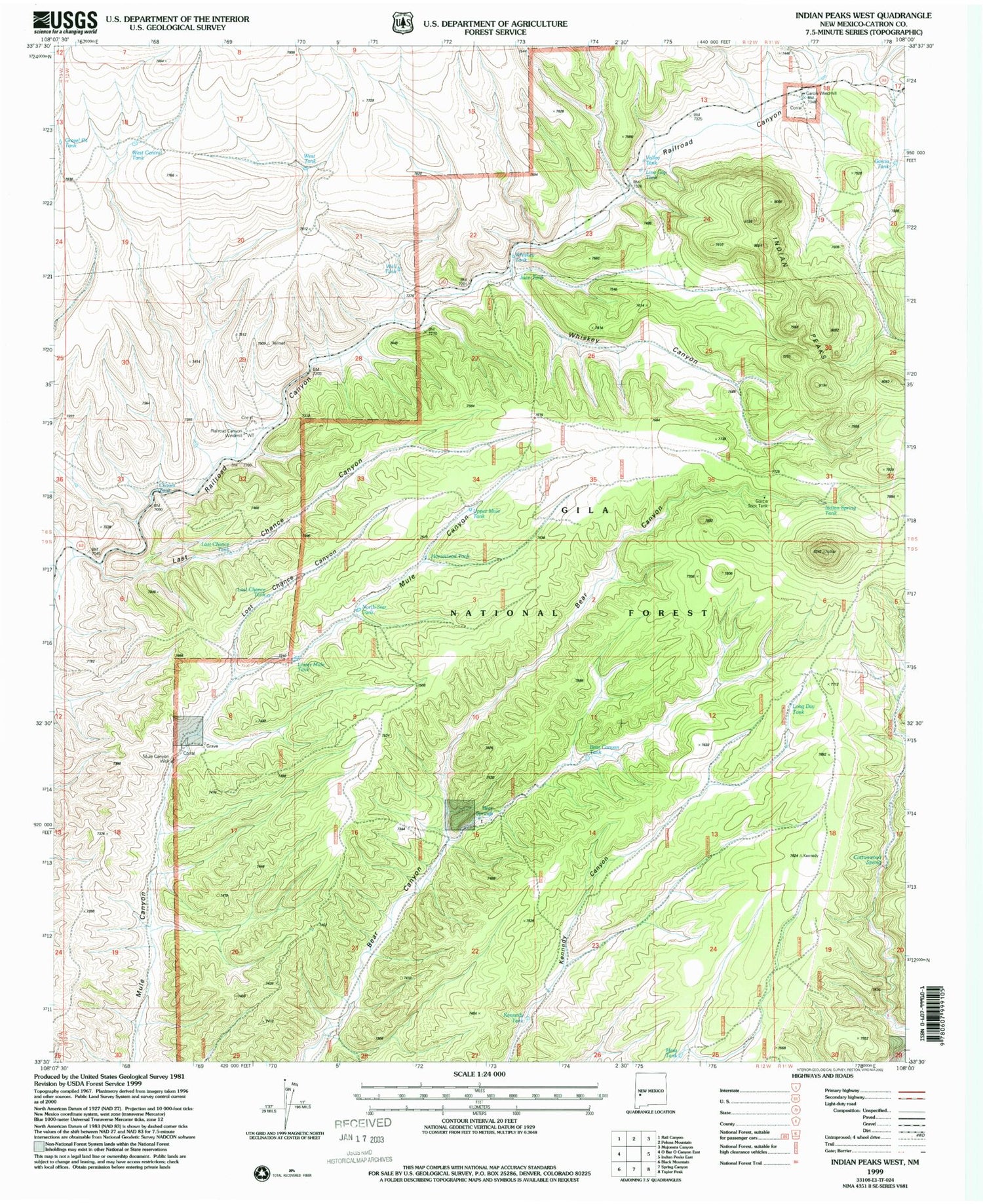 Classic USGS Indian Peaks West New Mexico 7.5'x7.5' Topo Map Image