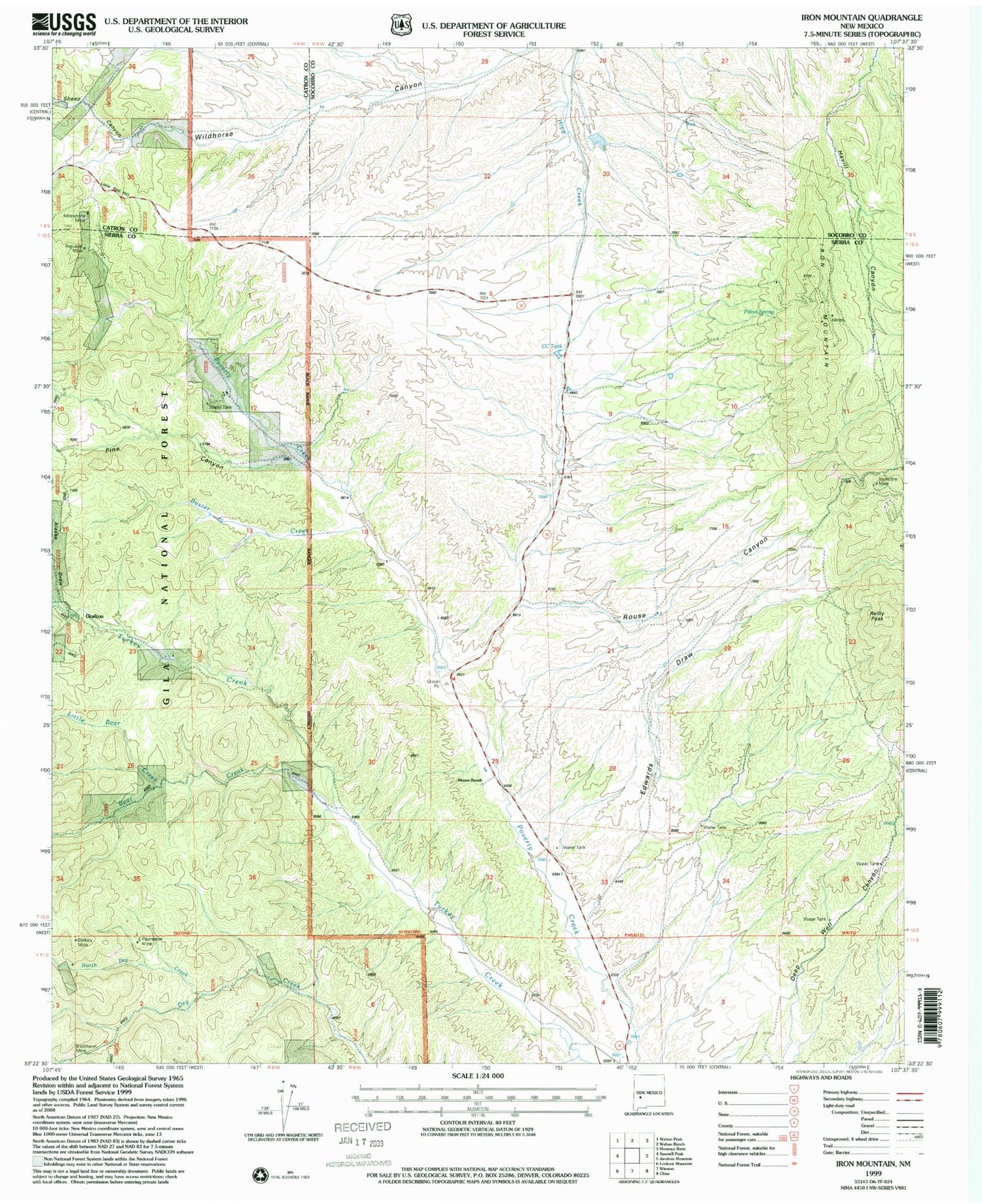 Classic USGS Iron Mountain New Mexico 7.5'x7.5' Topo Map Image