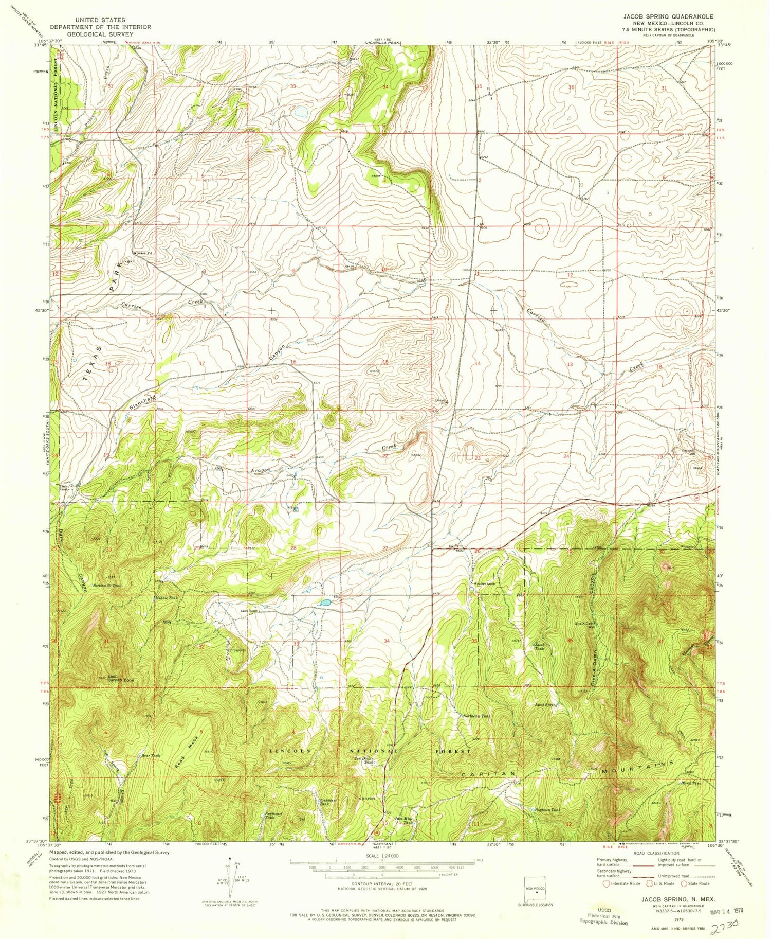 Classic USGS Jacob Spring New Mexico 7.5'x7.5' Topo Map Image