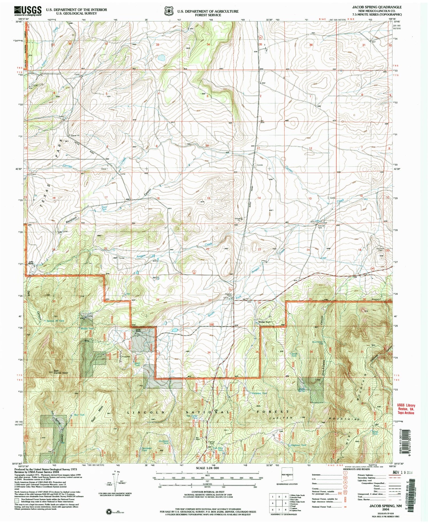 Classic USGS Jacob Spring New Mexico 7.5'x7.5' Topo Map Image