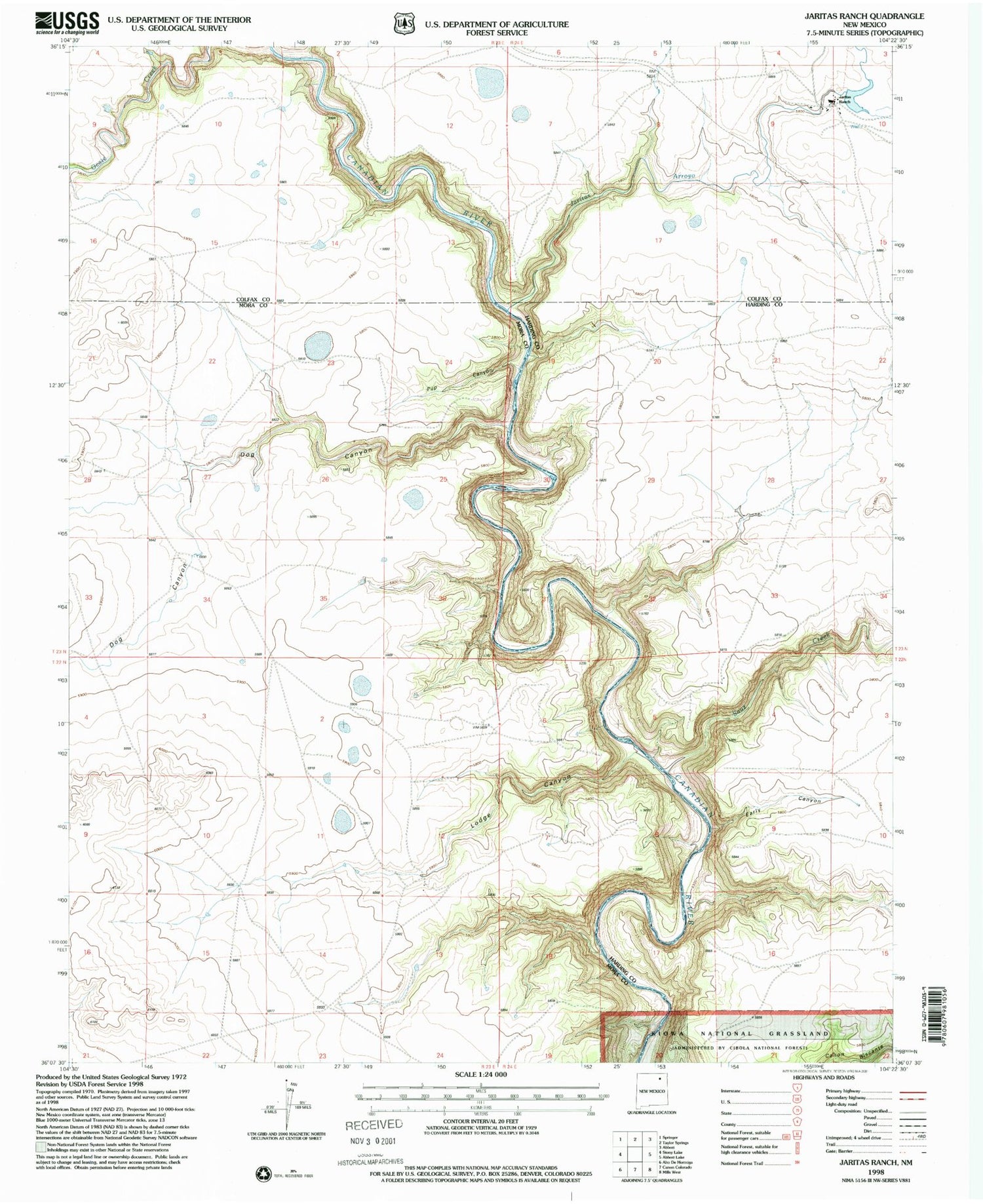 Classic USGS Jaritas Ranch New Mexico 7.5'x7.5' Topo Map Image