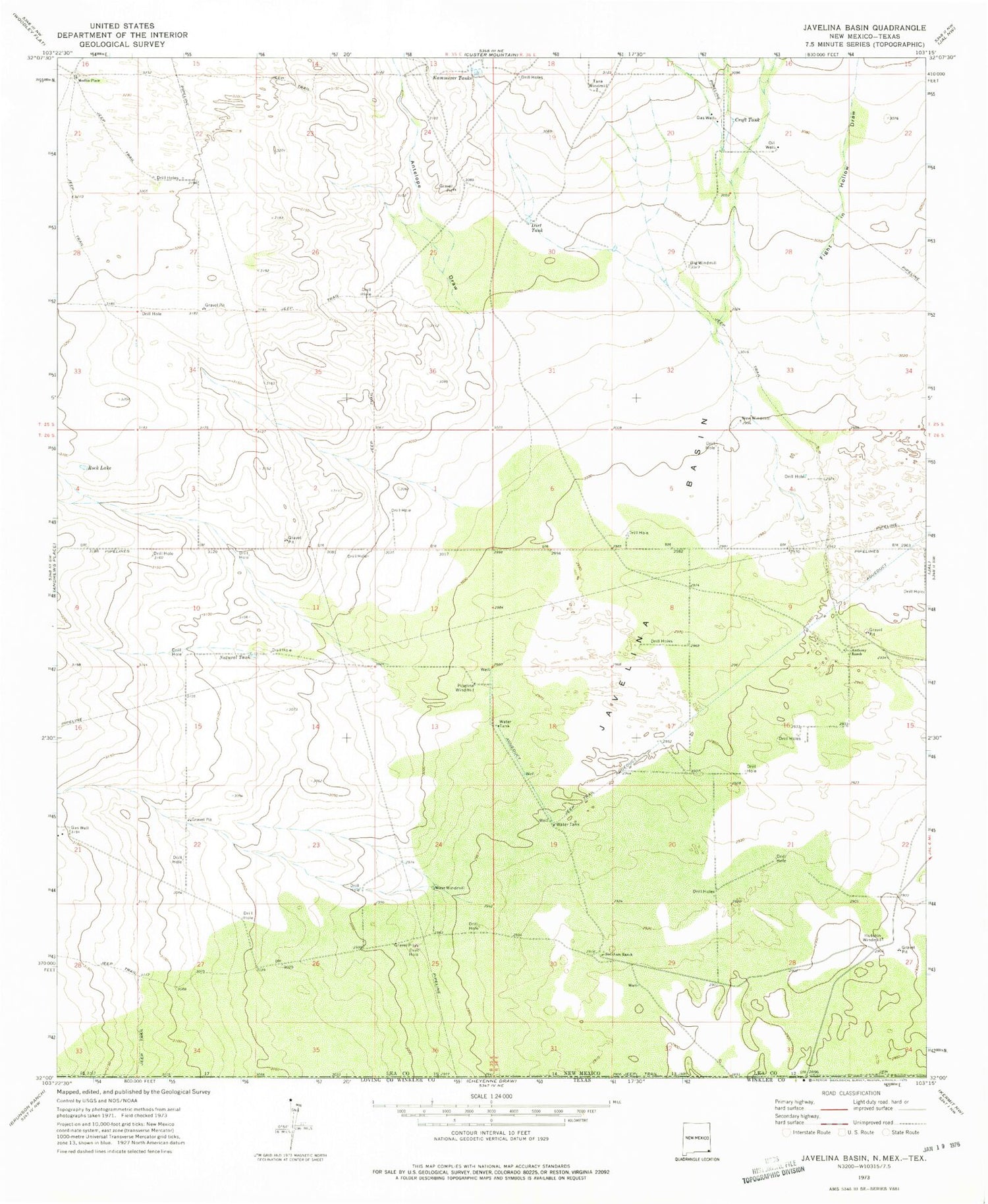 Classic USGS Javelina Basin New Mexico 7.5'x7.5' Topo Map Image