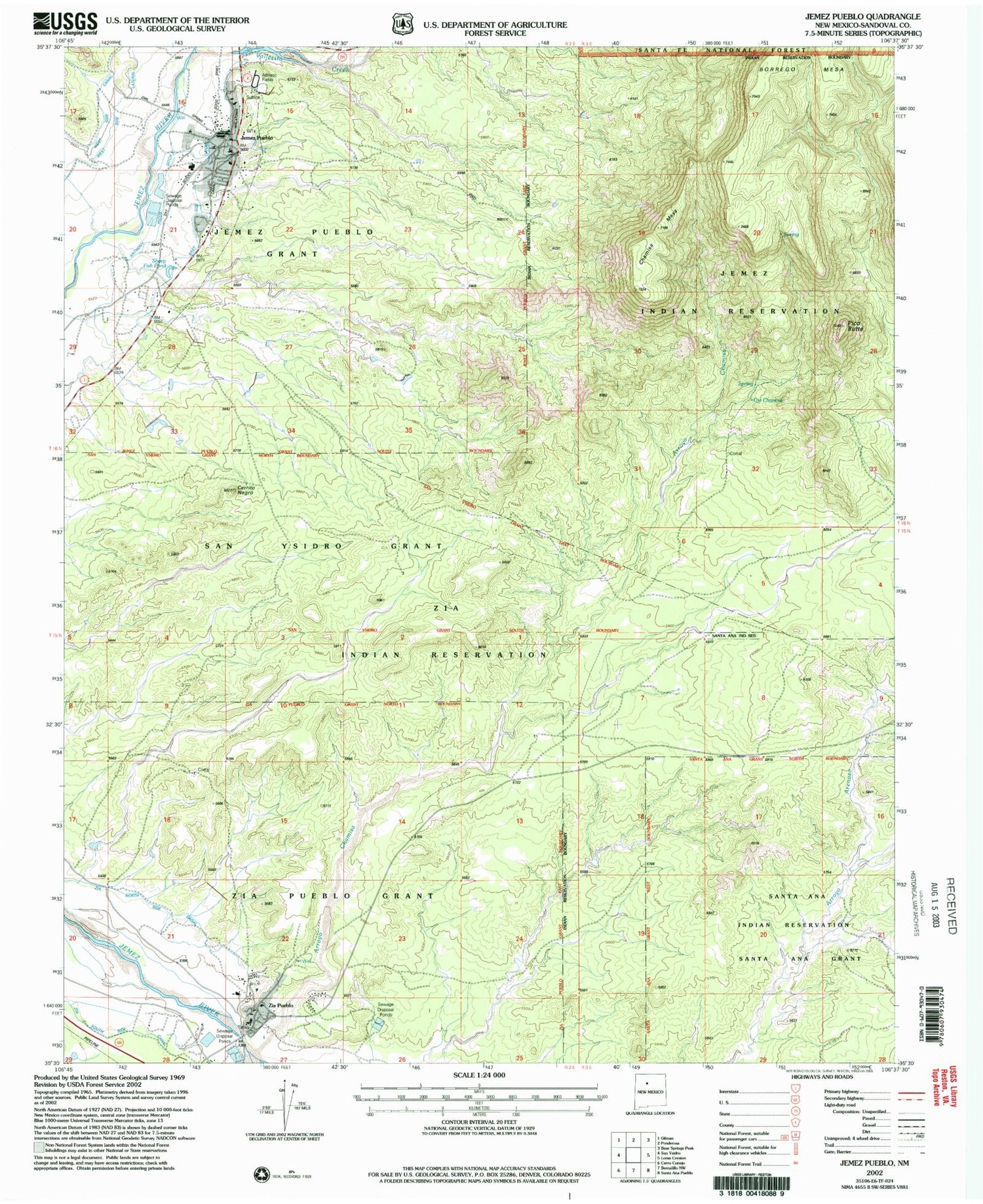 Classic USGS Jemez Pueblo New Mexico 7.5'x7.5' Topo Map Image