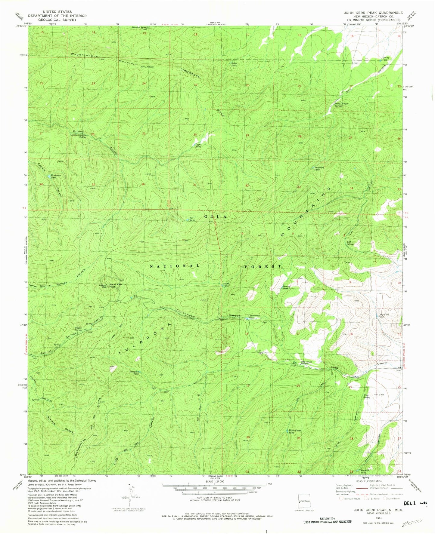 Classic USGS John Kerr Peak New Mexico 7.5'x7.5' Topo Map Image