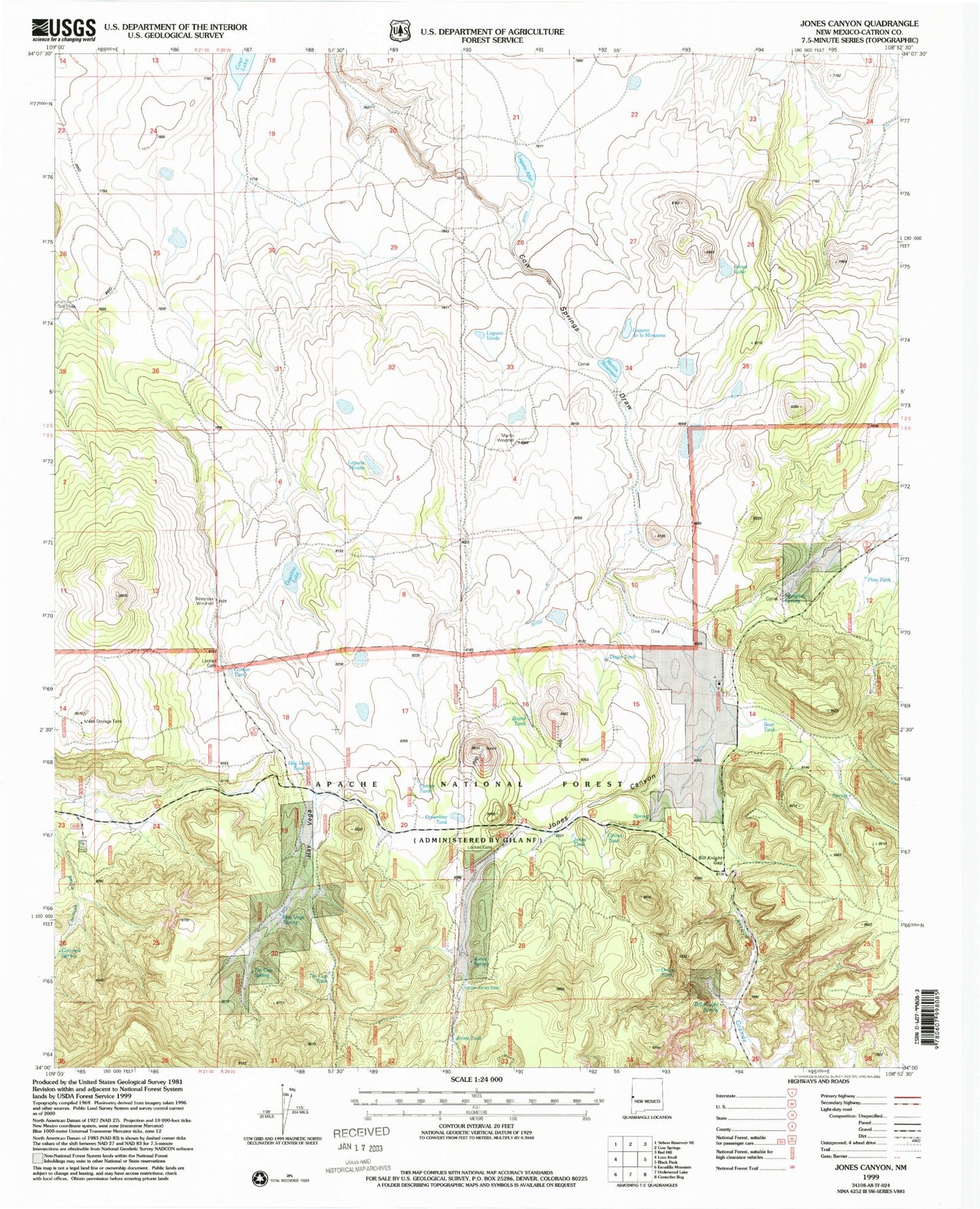 Classic USGS Jones Canyon New Mexico 7.5'x7.5' Topo Map Image
