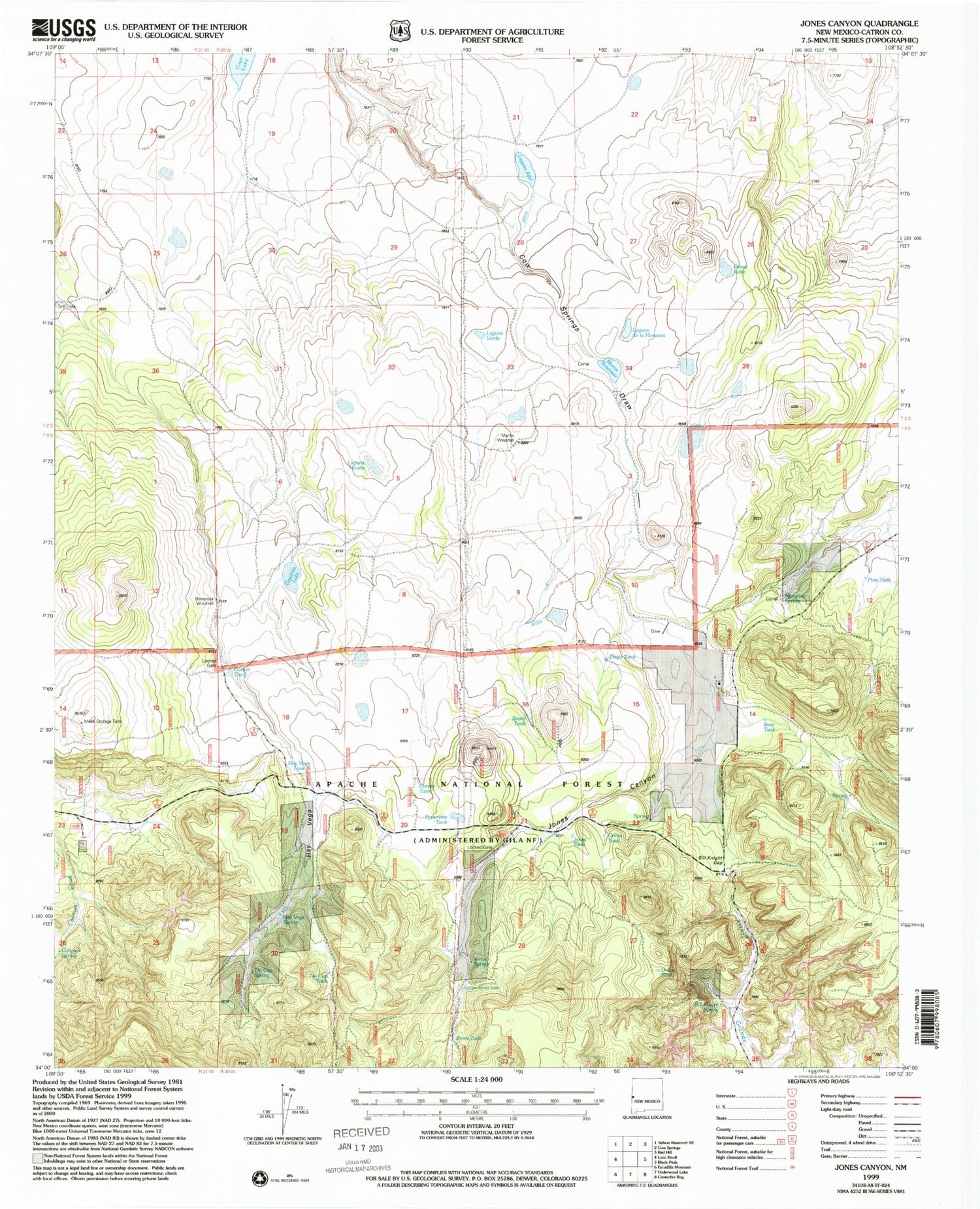 Classic USGS Jones Canyon New Mexico 7.5'x7.5' Topo Map Image