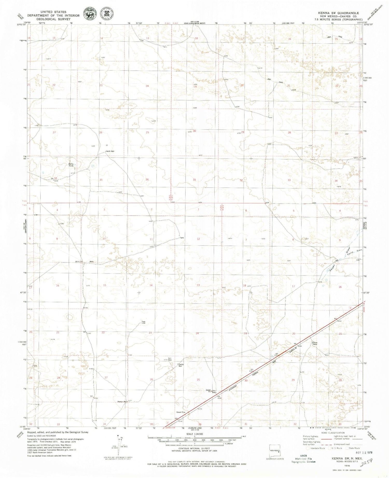 Classic USGS Kenna SW New Mexico 7.5'x7.5' Topo Map Image