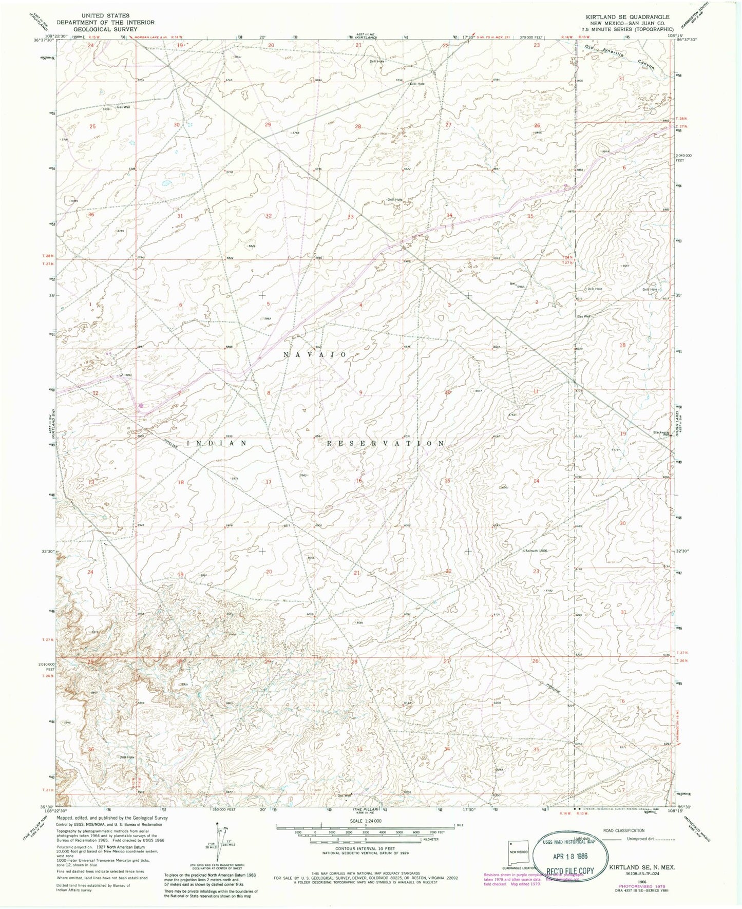 Classic USGS Kirtland SE New Mexico 7.5'x7.5' Topo Map Image