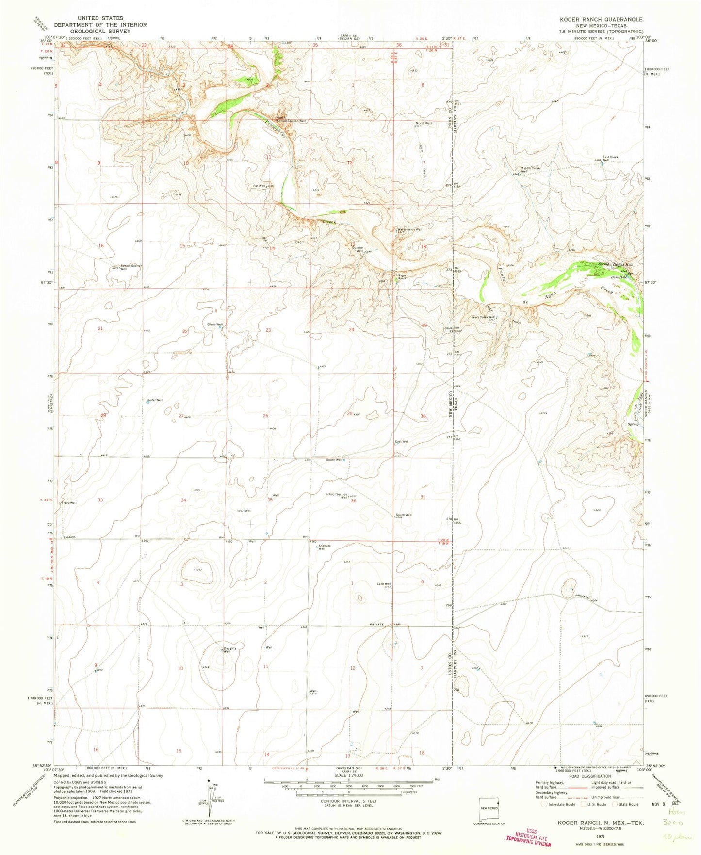 Classic USGS Koger Ranch New Mexico 7.5'x7.5' Topo Map Image