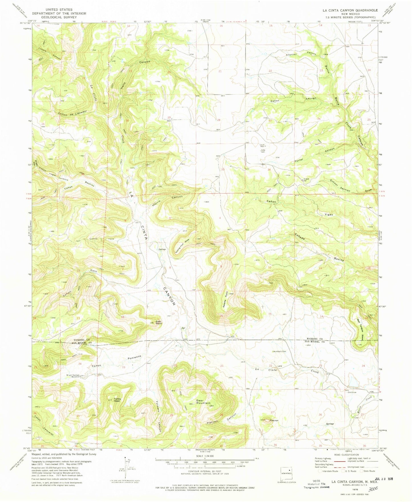 Classic USGS La Cinta Canyon New Mexico 7.5'x7.5' Topo Map Image