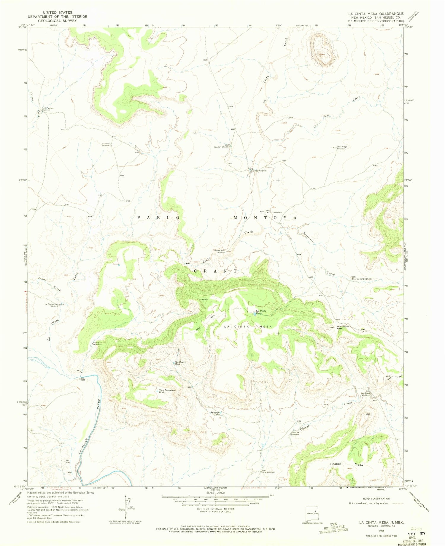 Classic USGS La Cinta Mesa New Mexico 7.5'x7.5' Topo Map Image