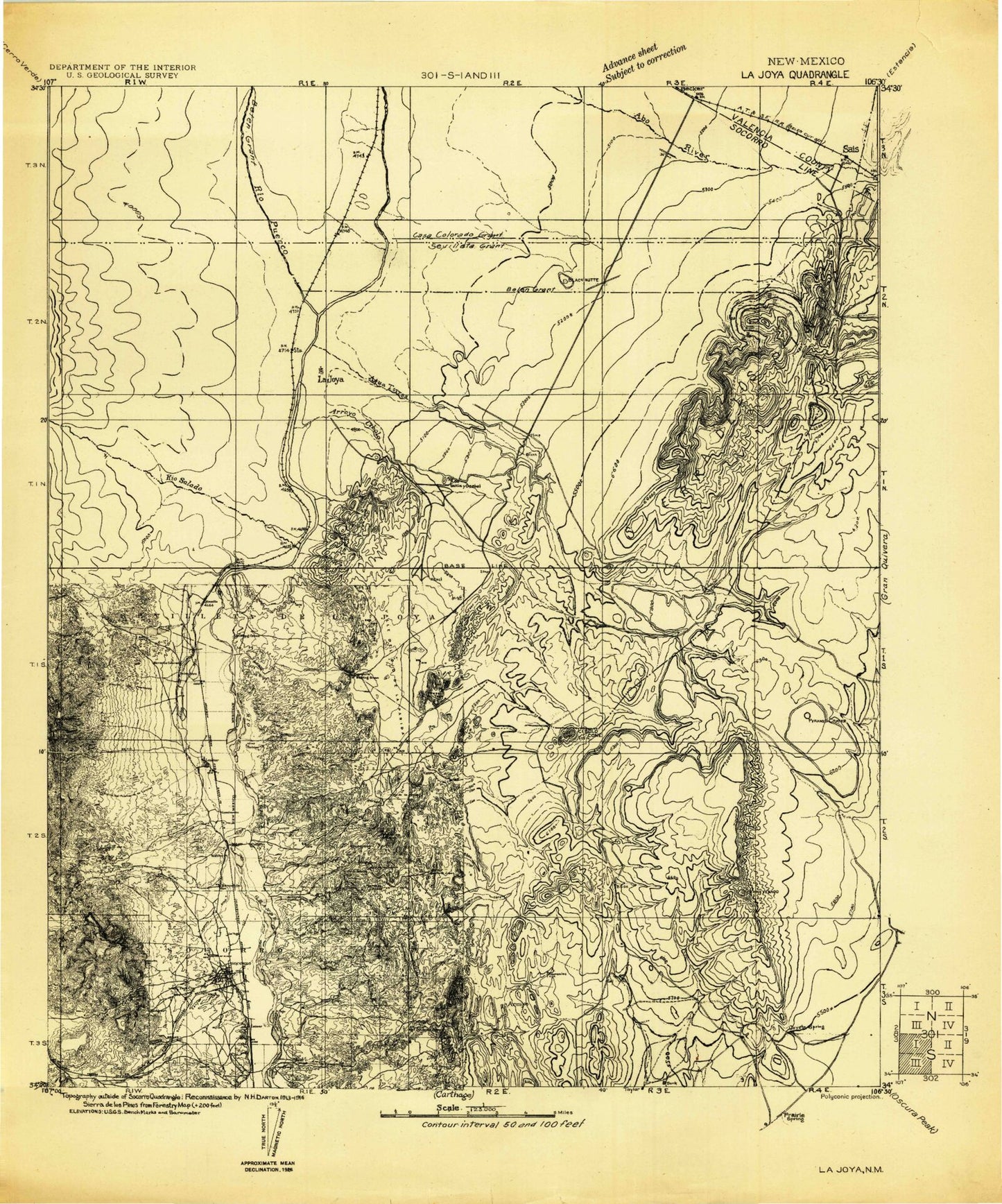 Historic 1916 La Joya New Mexico 30'x30' Topo Map Image