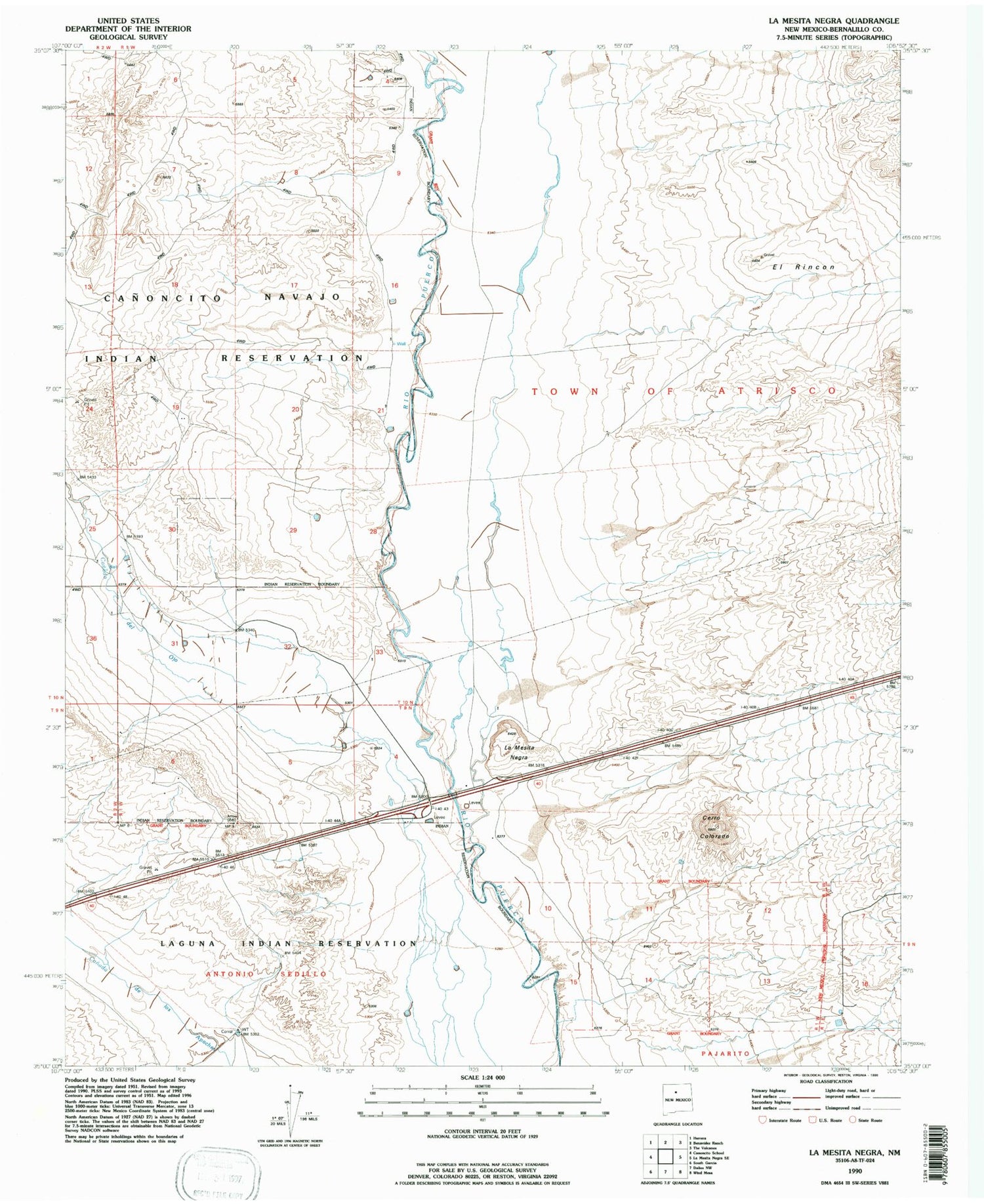 Classic USGS La Mesita Negra New Mexico 7.5'x7.5' Topo Map Image