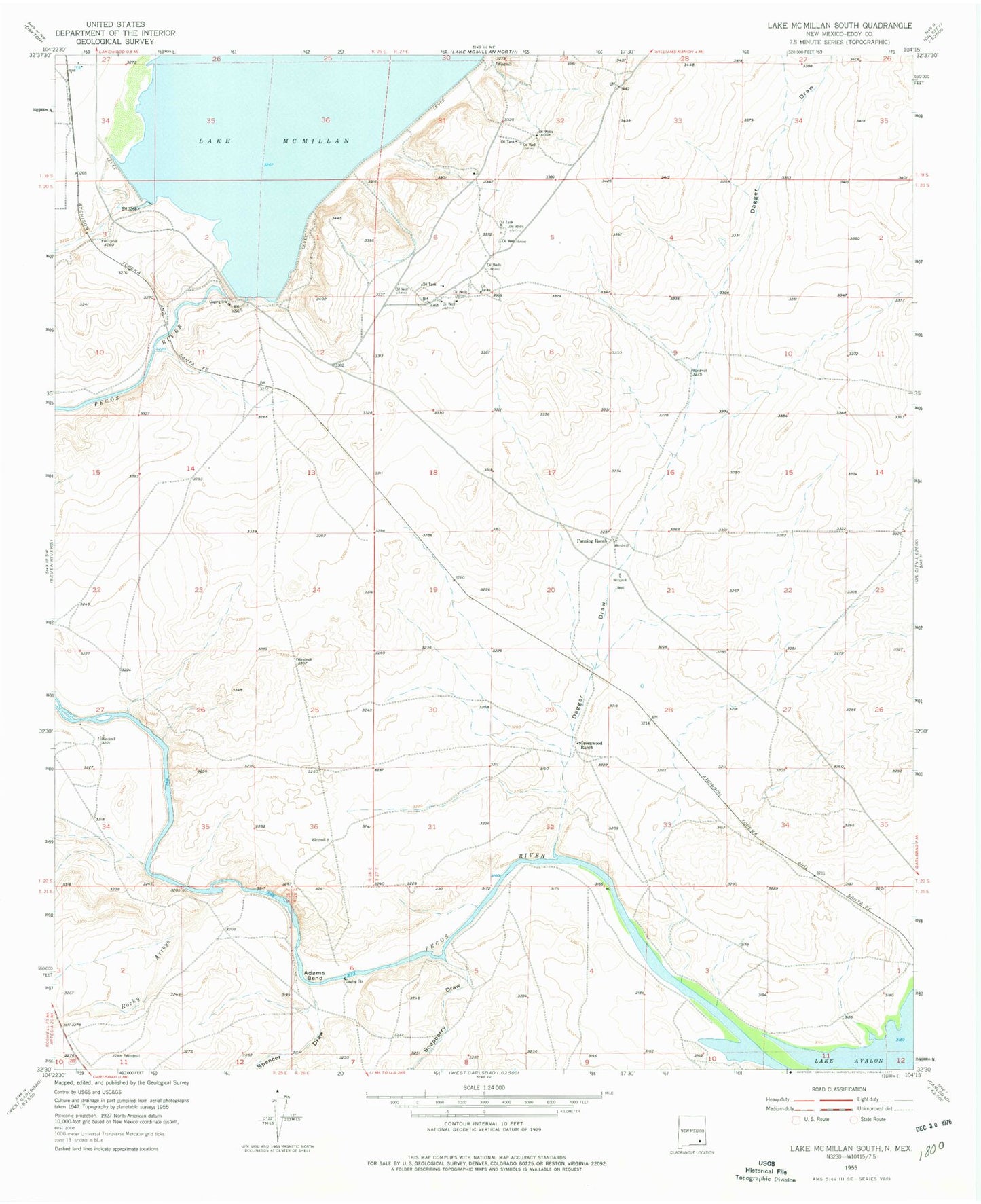 Classic USGS Lake McMillan South New Mexico 7.5'x7.5' Topo Map Image