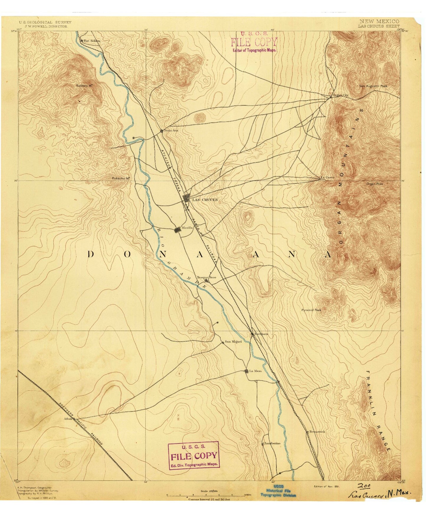 Historic 1891 Las Cruces New Mexico 30'x30' Topo Map Image