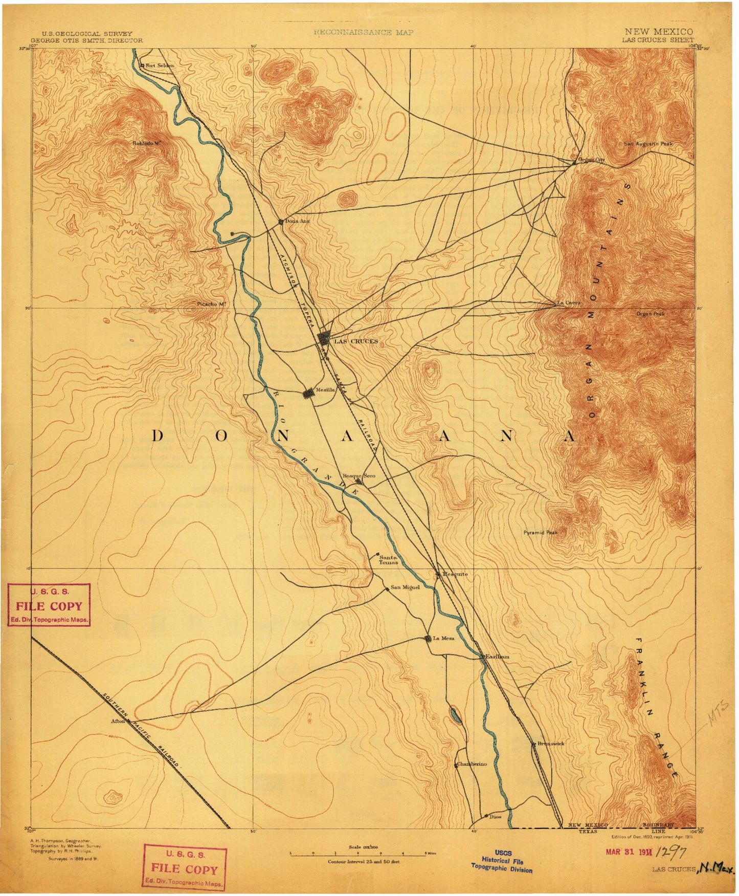 Historic 1893 Las Cruces New Mexico 30'x30' Topo Map Image