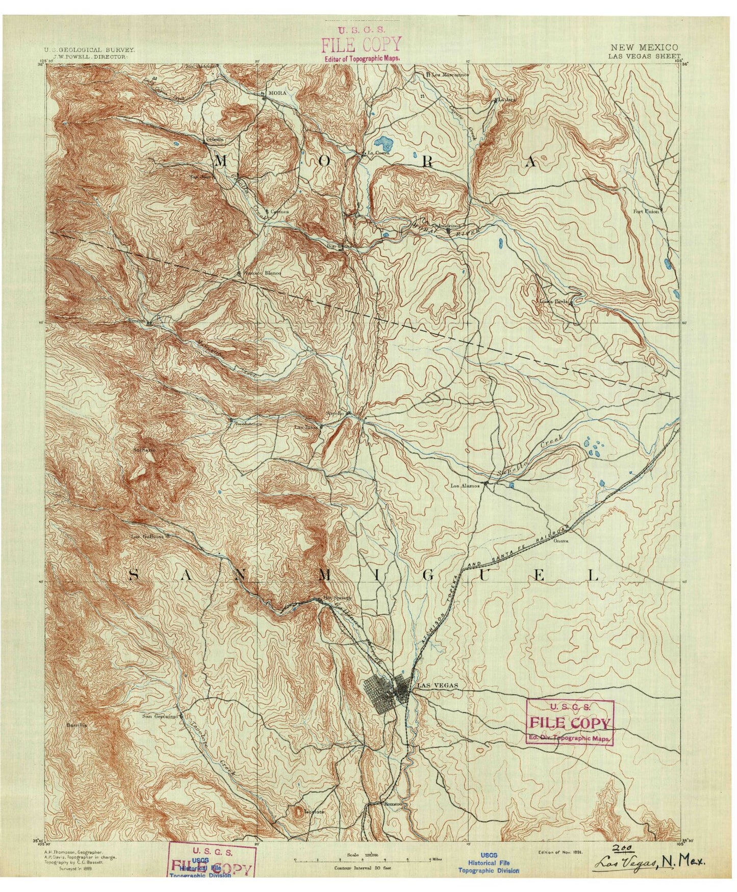 Historic 1891 Las Vegas New Mexico 30'x30' Topo Map Image