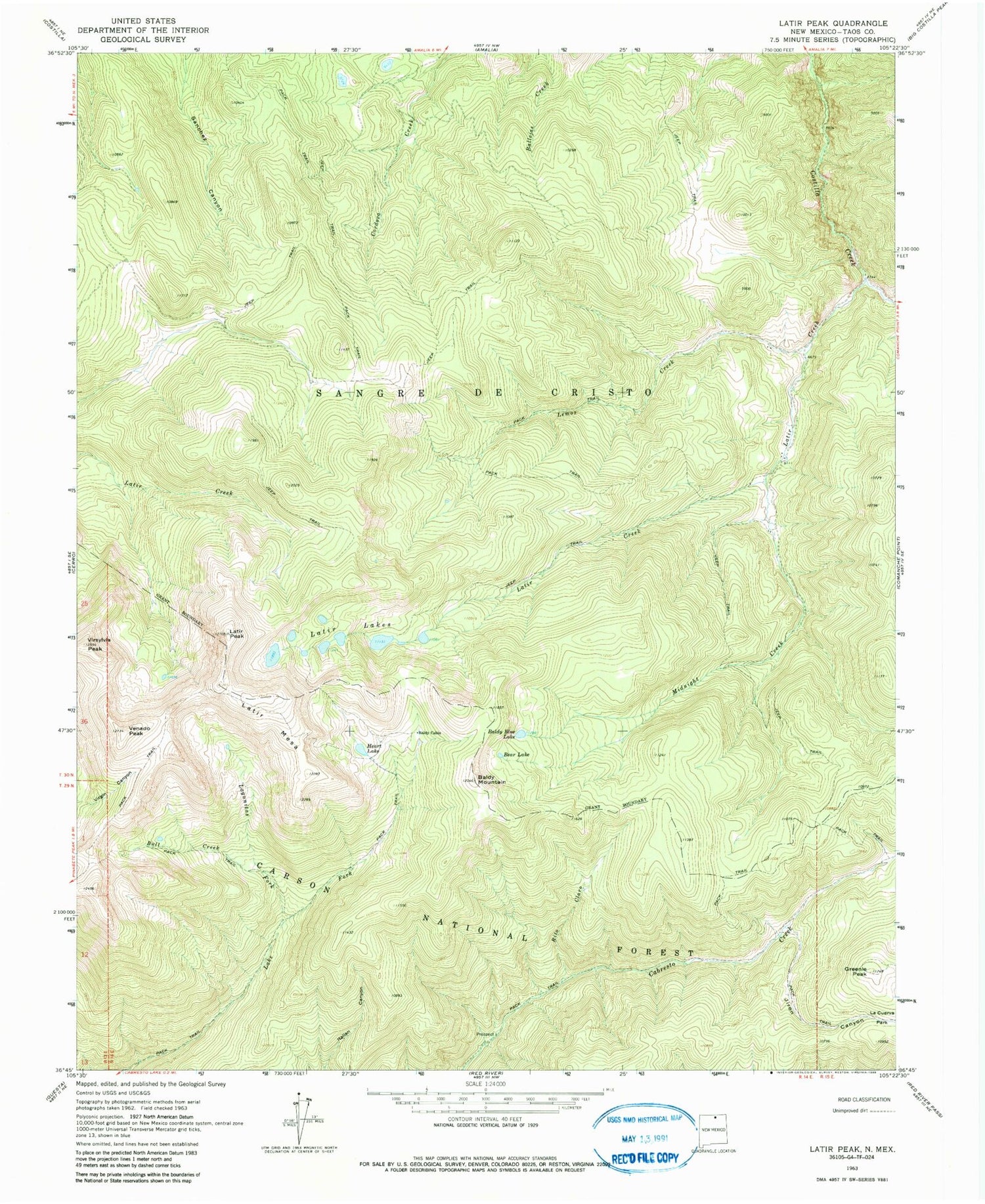 Classic USGS Latir Peak New Mexico 7.5'x7.5' Topo Map Image