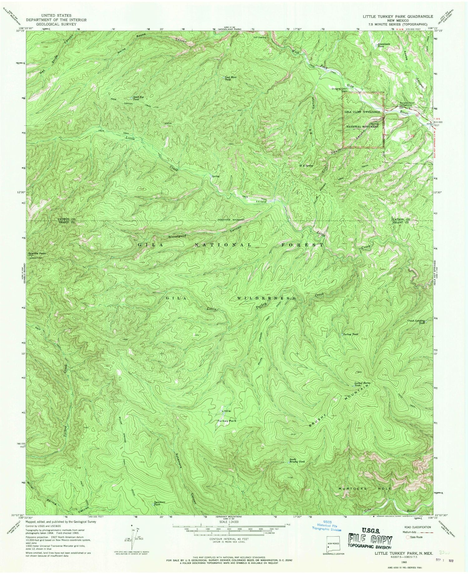 Classic USGS Little Turkey Park New Mexico 7.5'x7.5' Topo Map Image