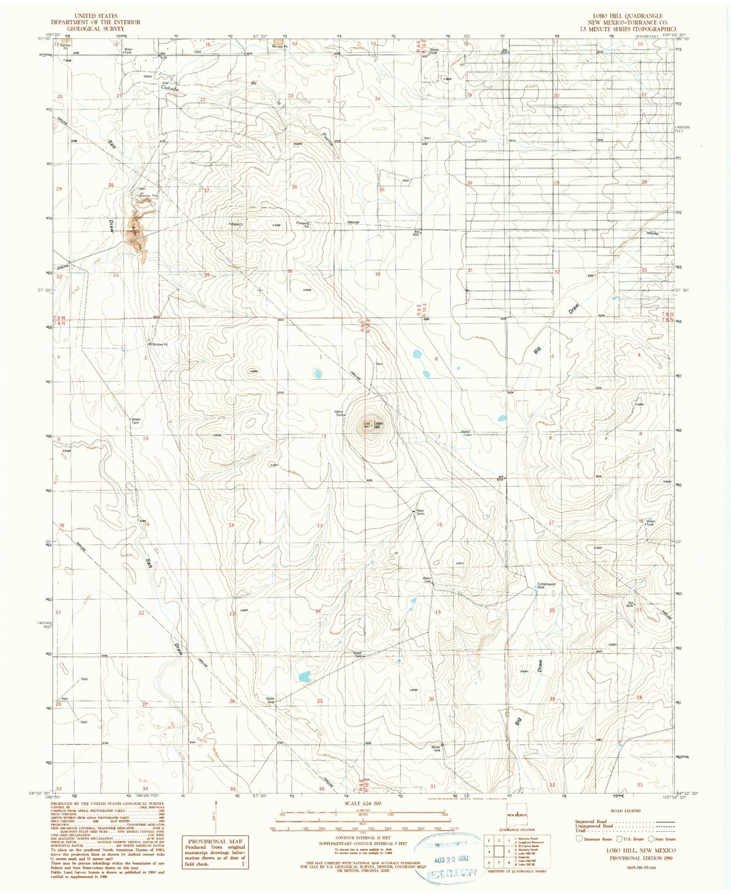 Classic USGS Lobo Hill New Mexico 7.5'x7.5' Topo Map Image
