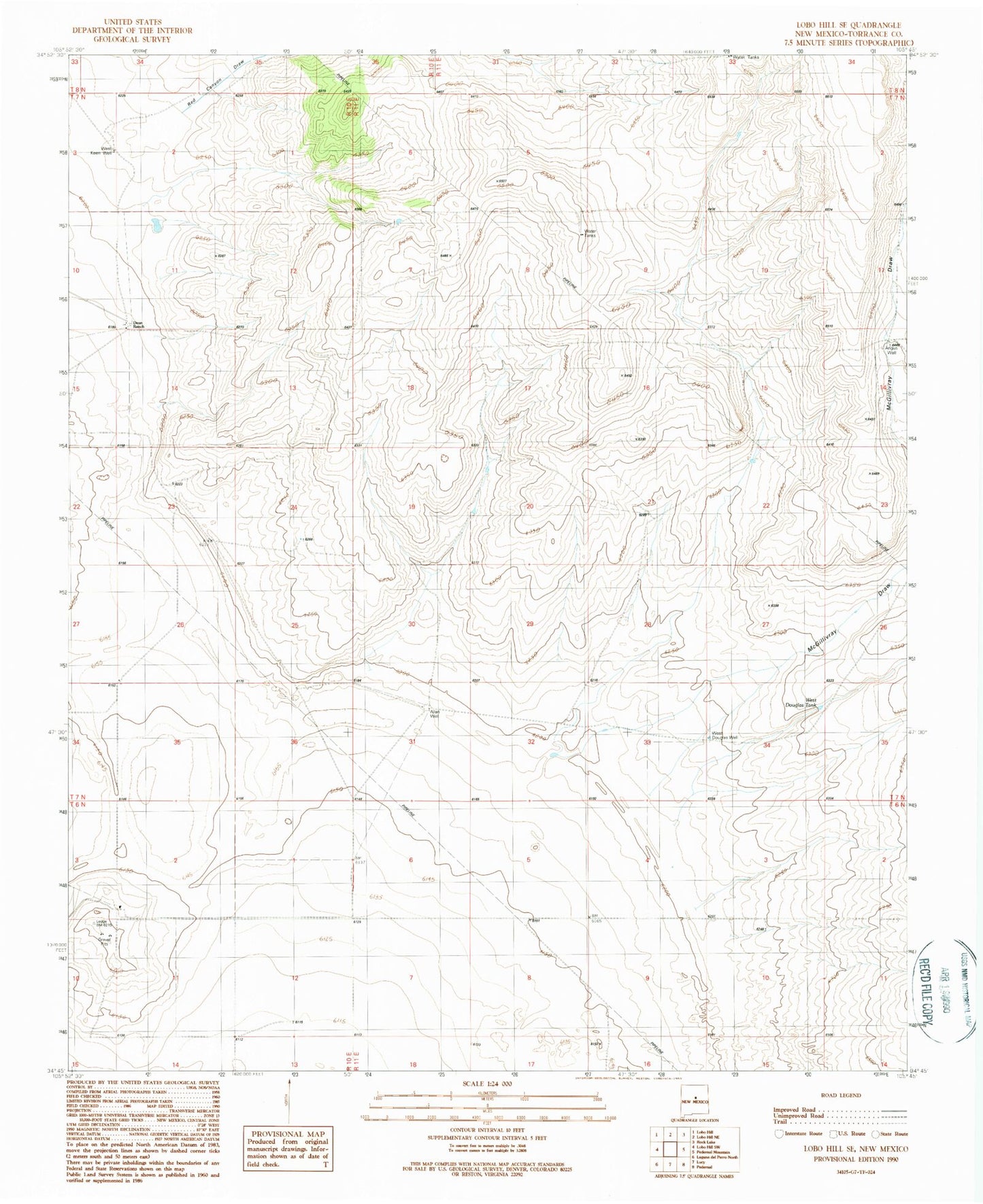 Classic USGS Lobo Hill SE New Mexico 7.5'x7.5' Topo Map Image