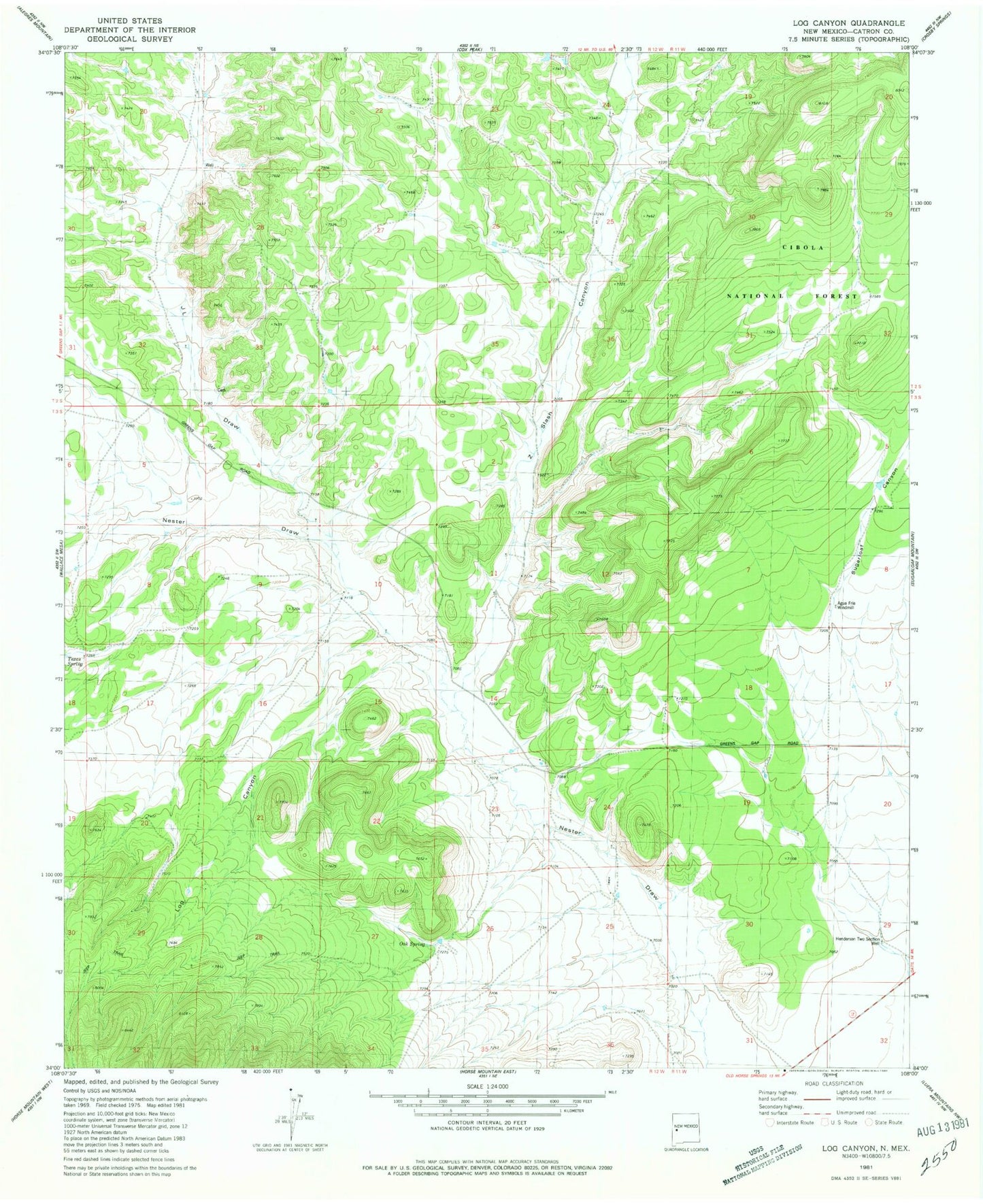Classic USGS Log Canyon New Mexico 7.5'x7.5' Topo Map Image