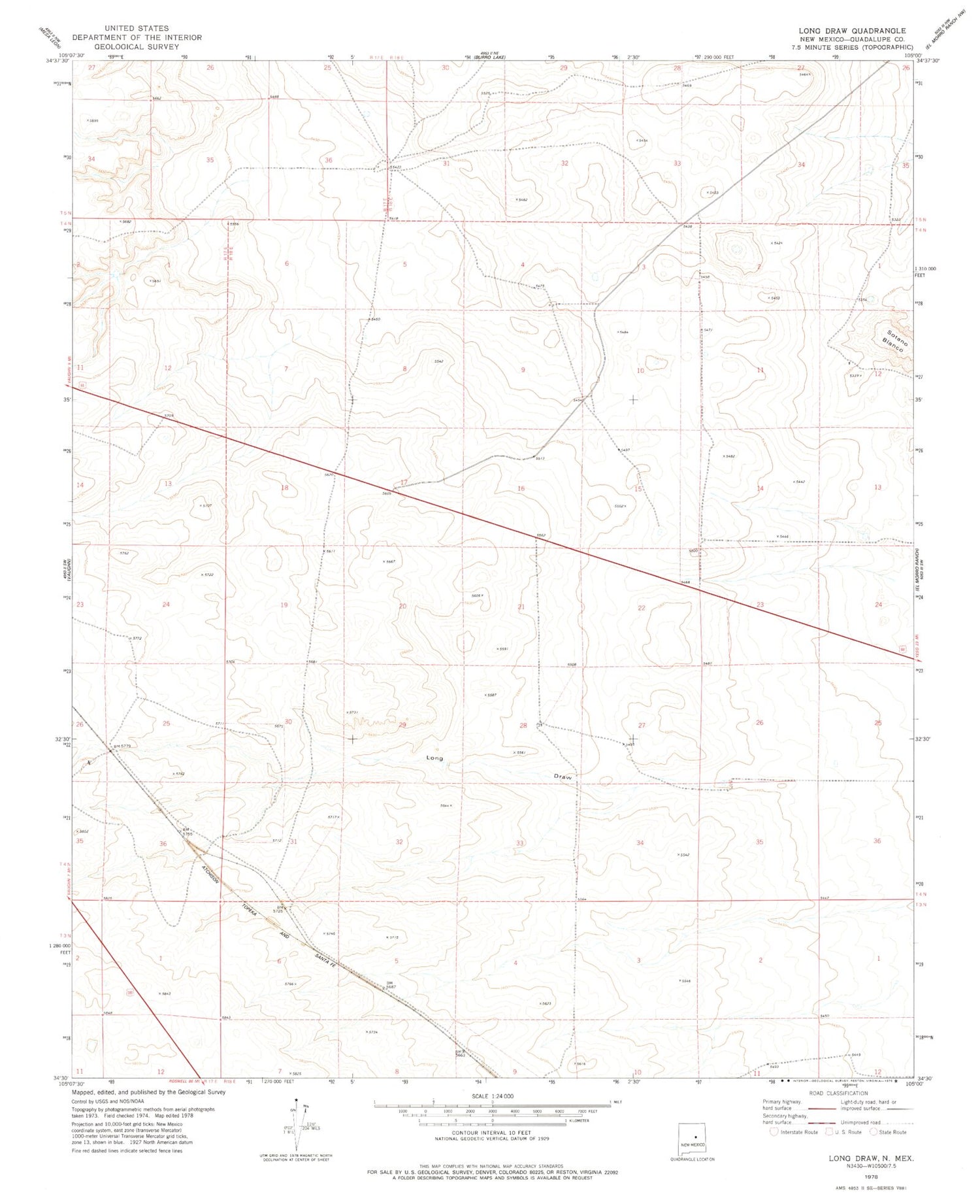 Classic USGS Long Draw New Mexico 7.5'x7.5' Topo Map Image