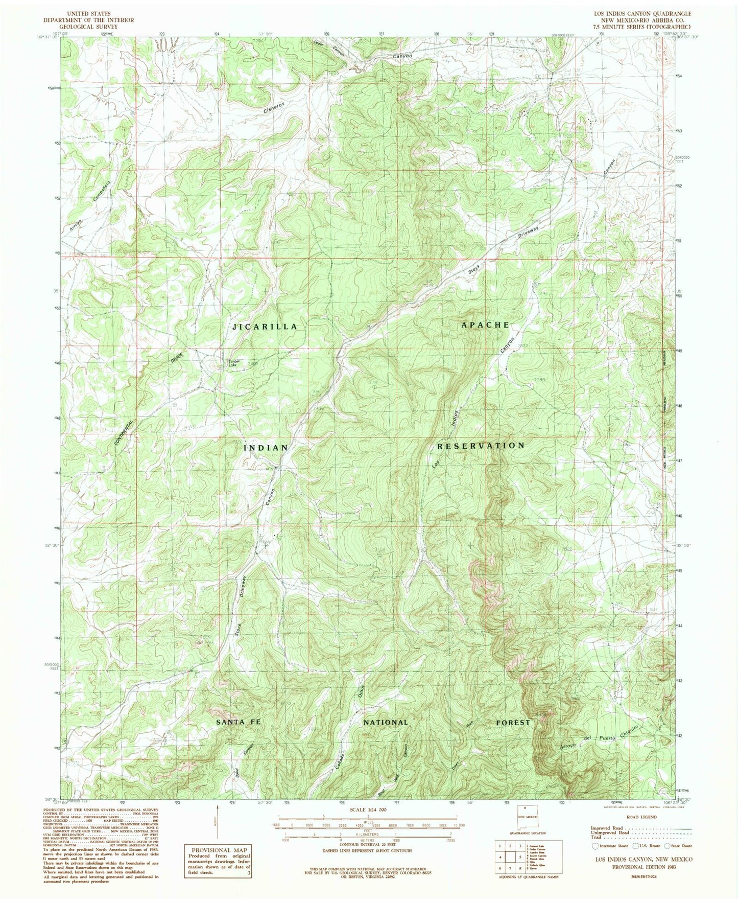 Classic USGS Los Indios Canyon New Mexico 7.5'x7.5' Topo Map Image