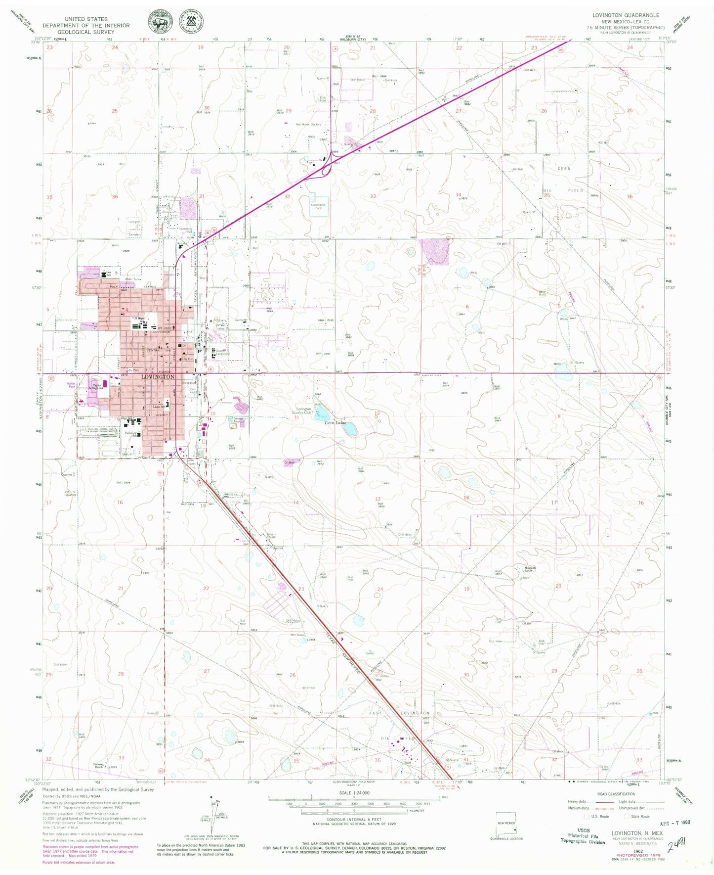 Classic USGS Lovington New Mexico 7.5'x7.5' Topo Map Image