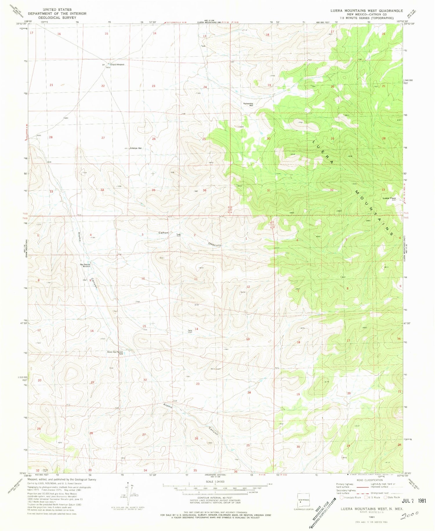 Classic USGS Luera Mountains West New Mexico 7.5'x7.5' Topo Map Image