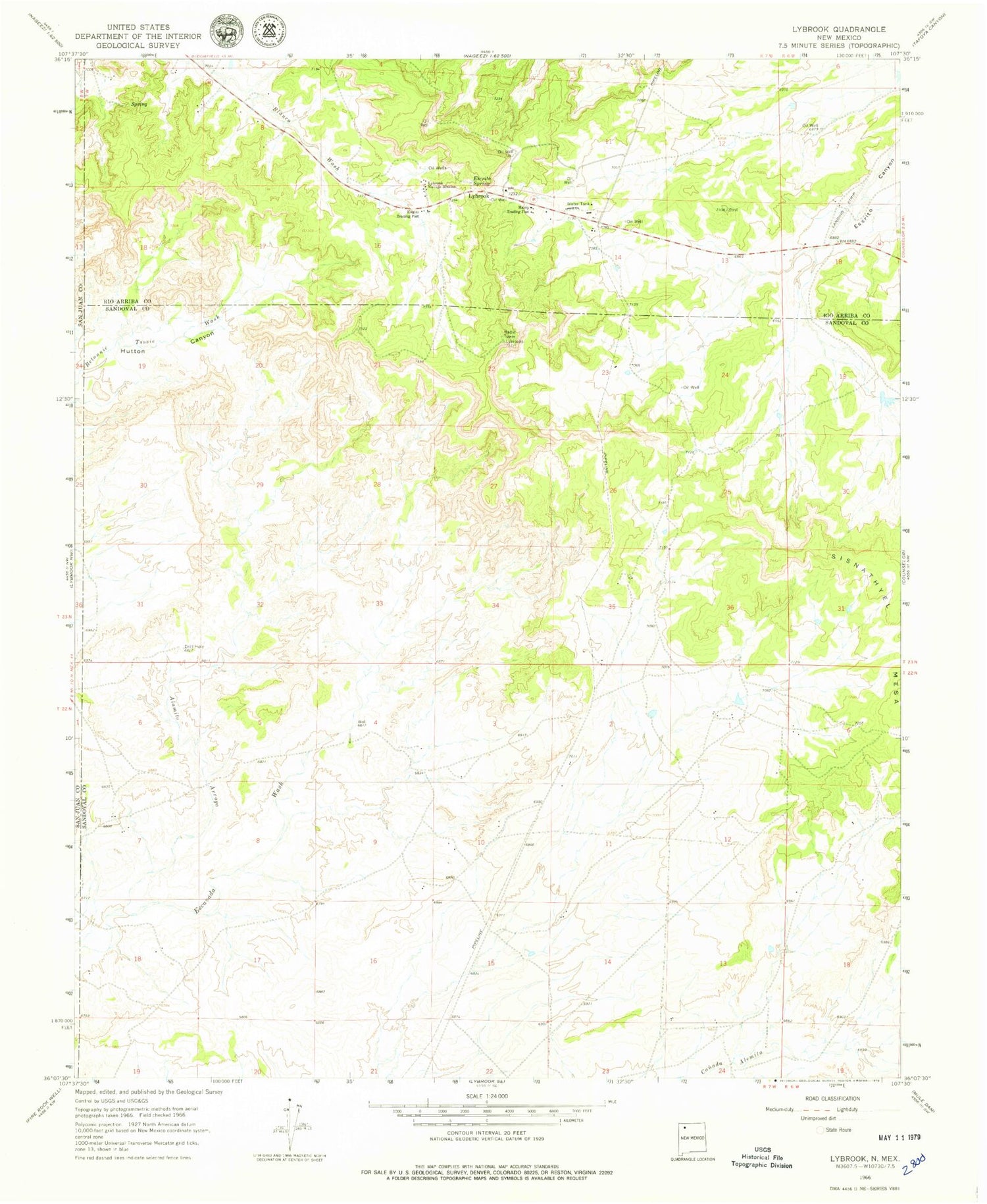 Classic USGS Lybrook New Mexico 7.5'x7.5' Topo Map Image