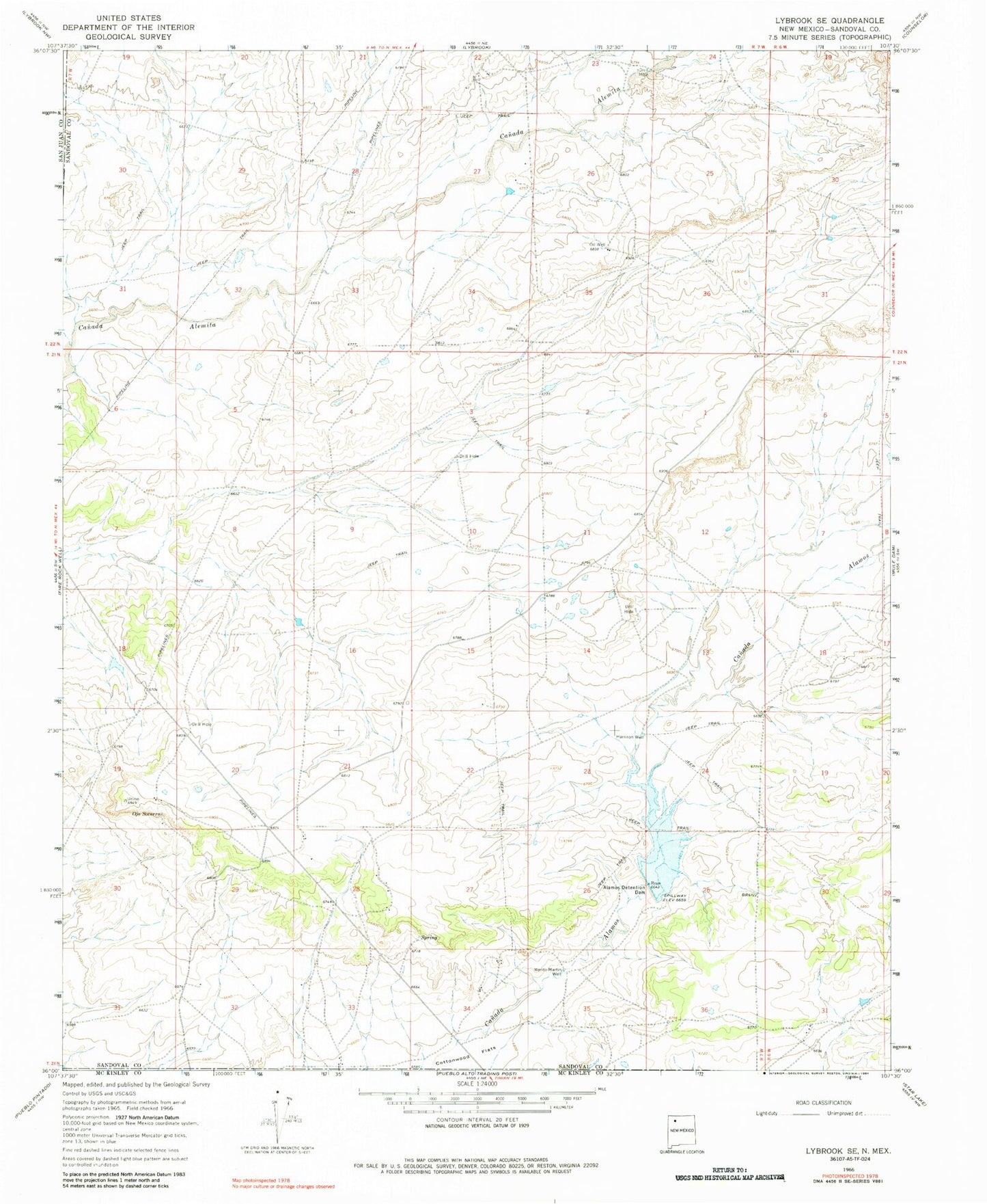 Classic USGS Lybrook SE New Mexico 7.5'x7.5' Topo Map Image