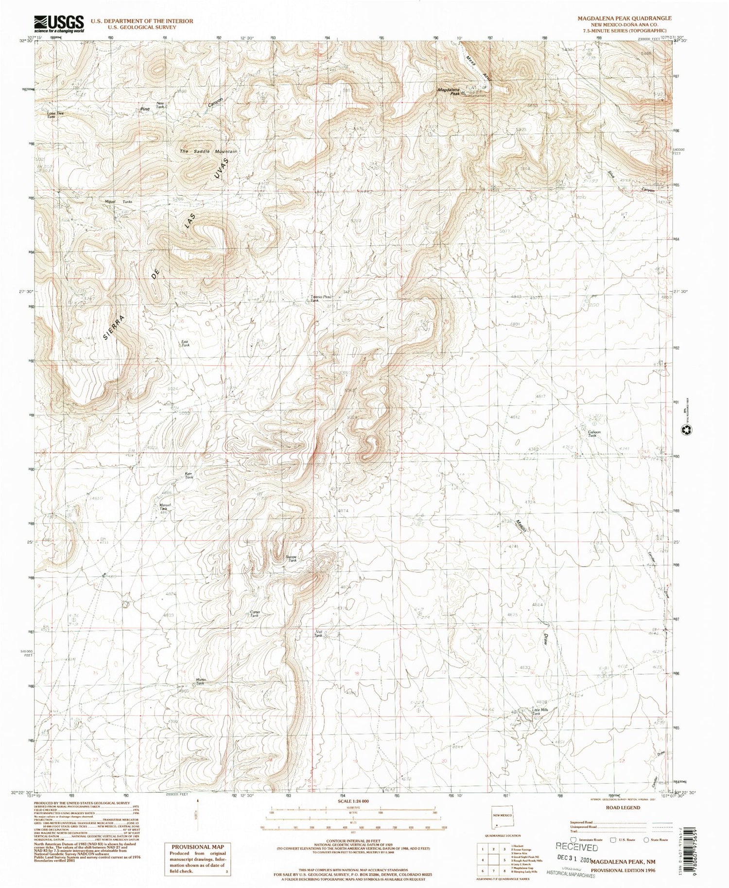 Classic USGS Magdalena Peak New Mexico 7.5'x7.5' Topo Map Image