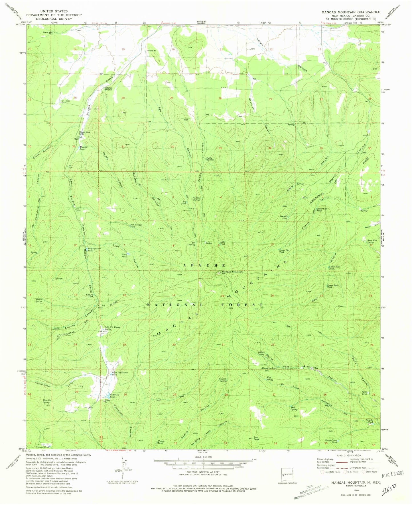 Classic USGS Mangas Mountain New Mexico 7.5'x7.5' Topo Map Image