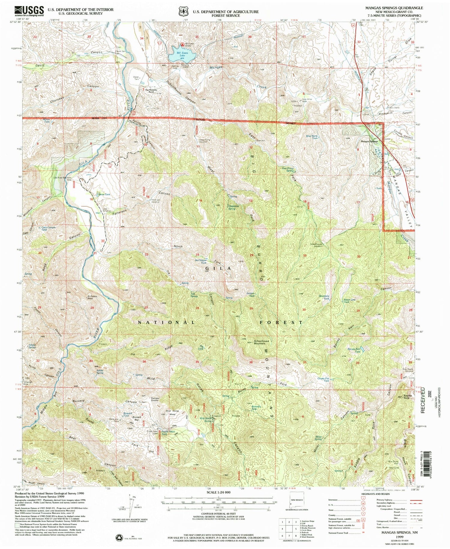 Classic USGS Mangas Springs New Mexico 7.5'x7.5' Topo Map Image
