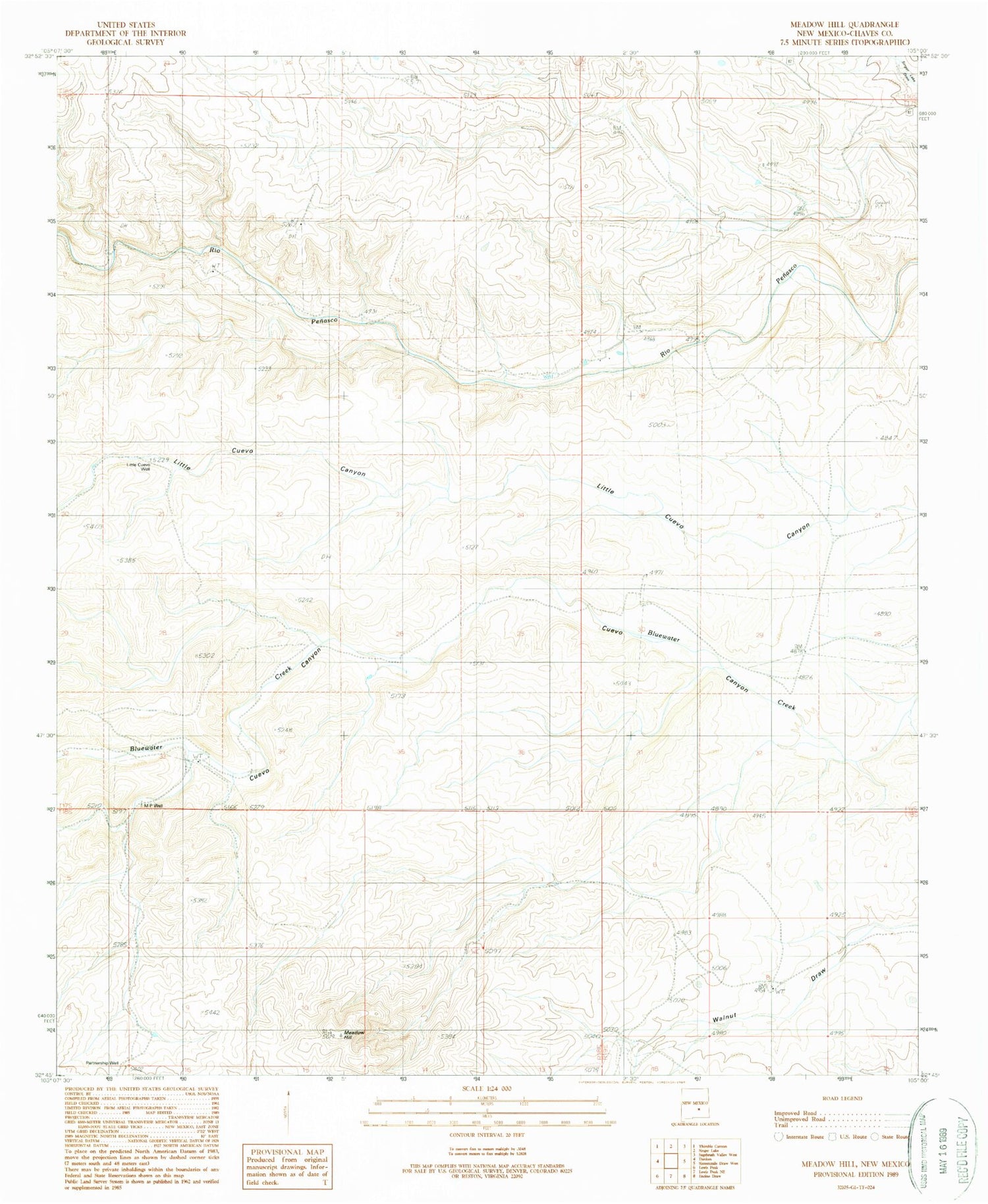 Classic USGS Meadow Hill New Mexico 7.5'x7.5' Topo Map Image