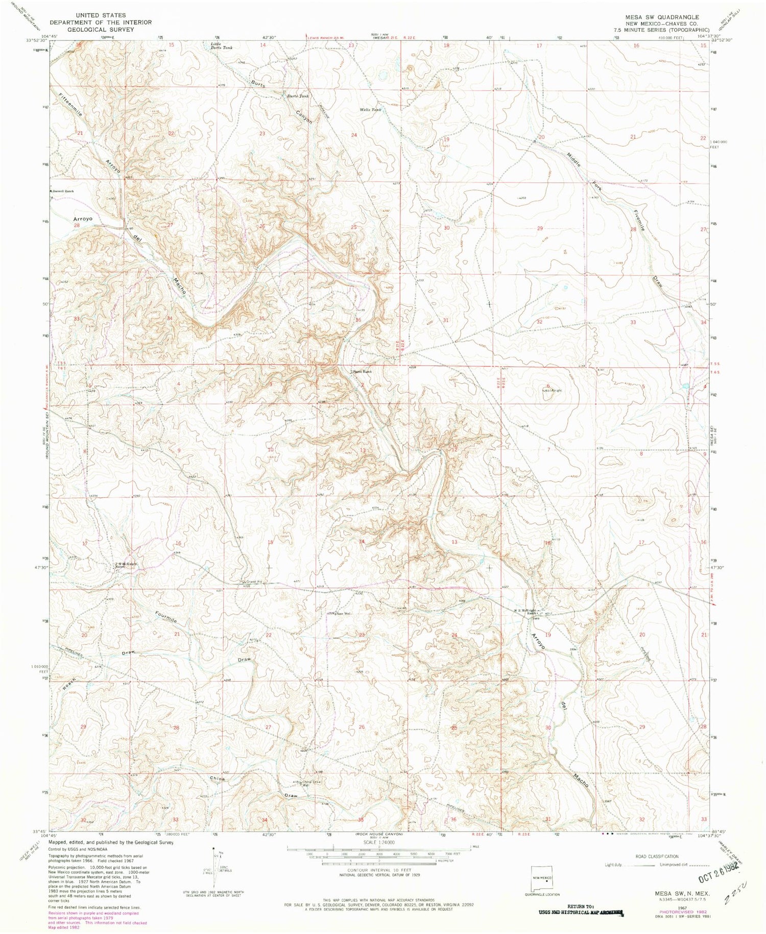 Classic USGS Mesa SW New Mexico 7.5'x7.5' Topo Map Image