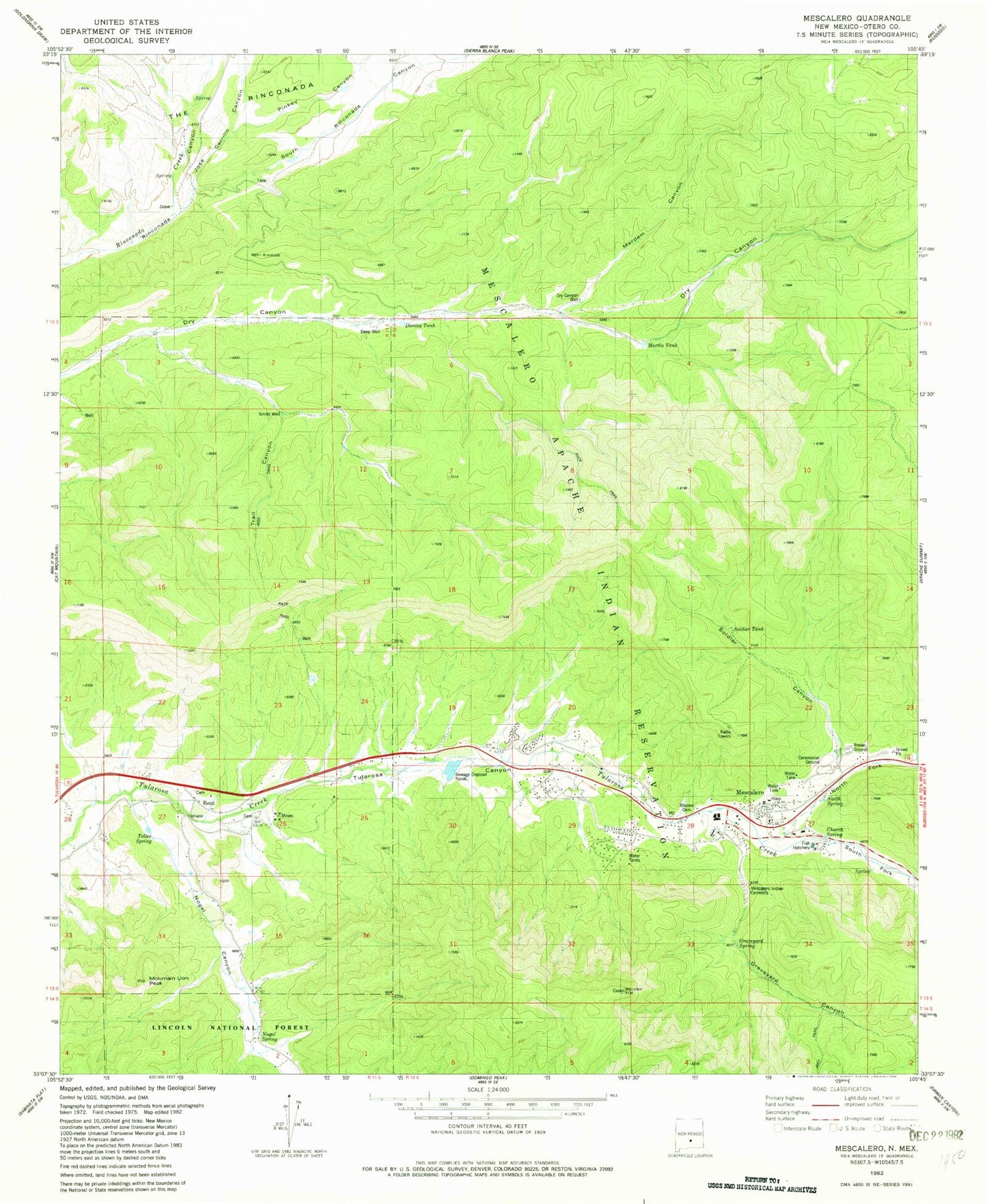 Classic USGS Mescalero New Mexico 7.5'x7.5' Topo Map Image