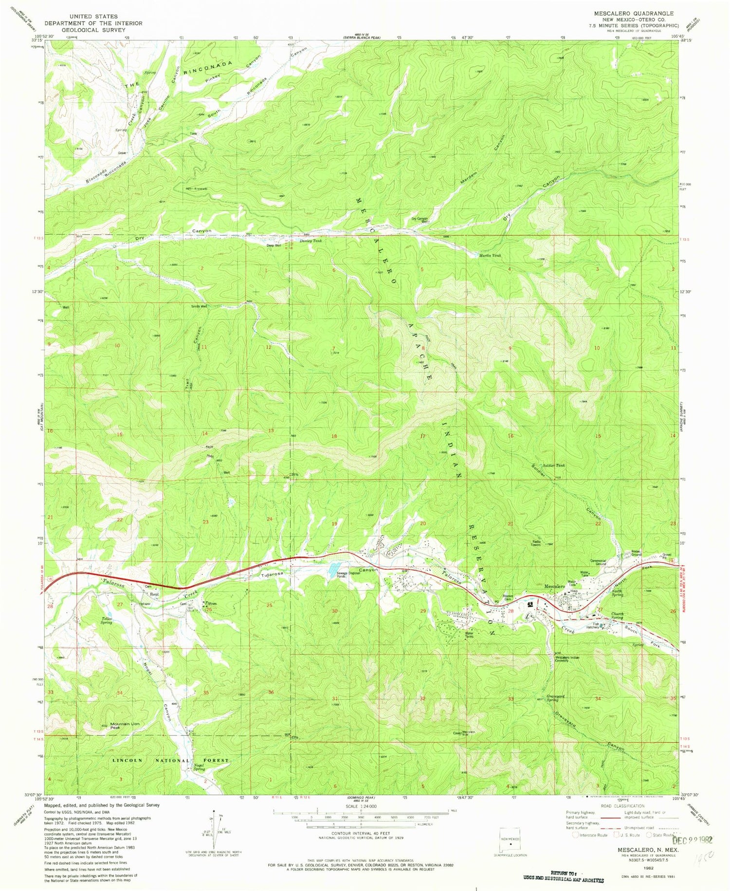 Classic USGS Mescalero New Mexico 7.5'x7.5' Topo Map Image