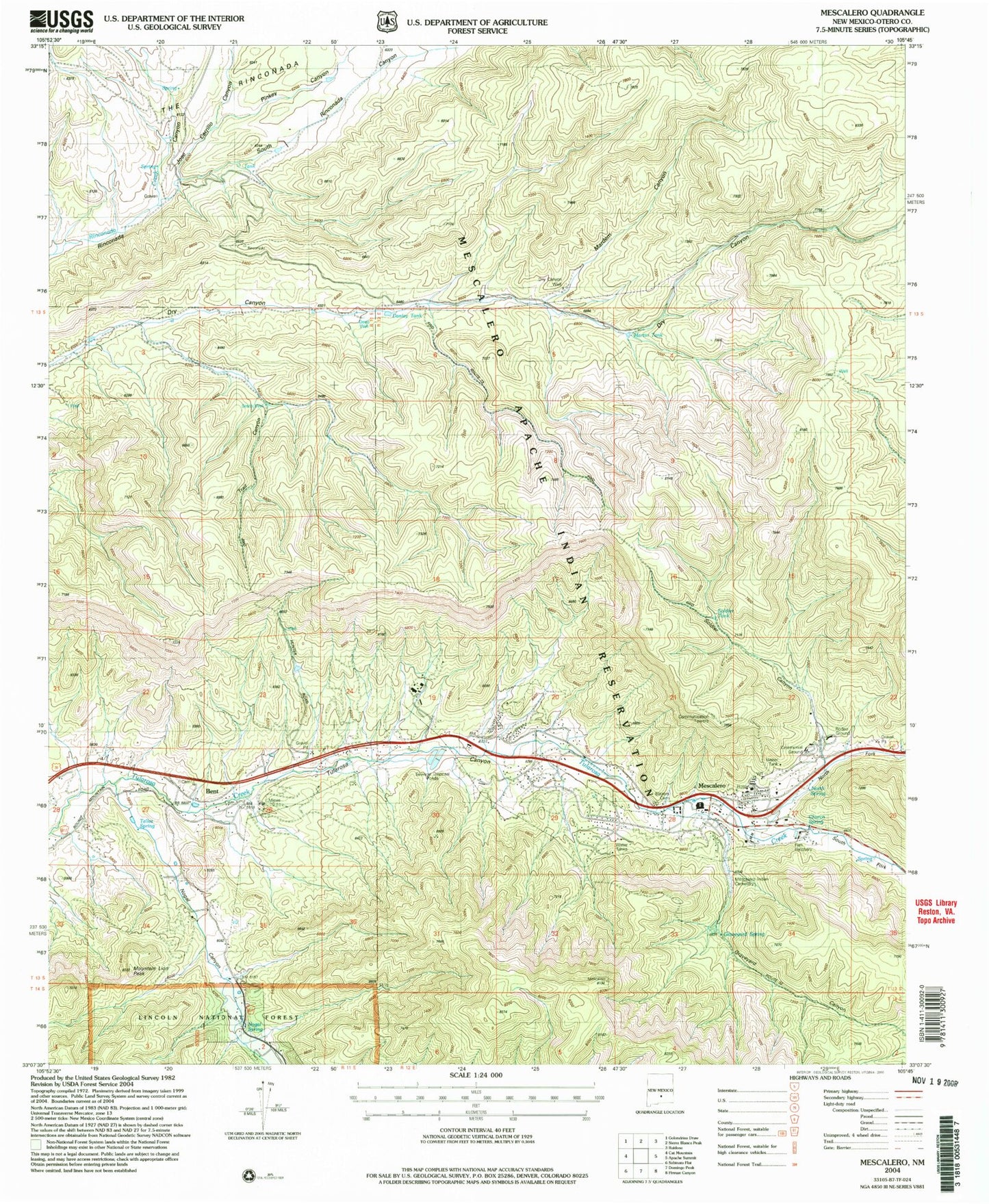 Classic USGS Mescalero New Mexico 7.5'x7.5' Topo Map Image