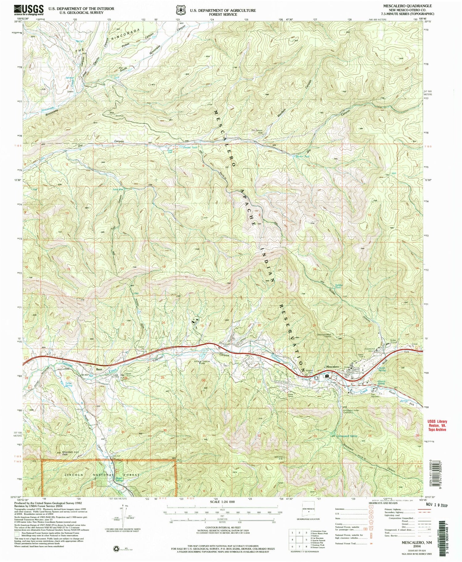 Classic USGS Mescalero New Mexico 7.5'x7.5' Topo Map Image
