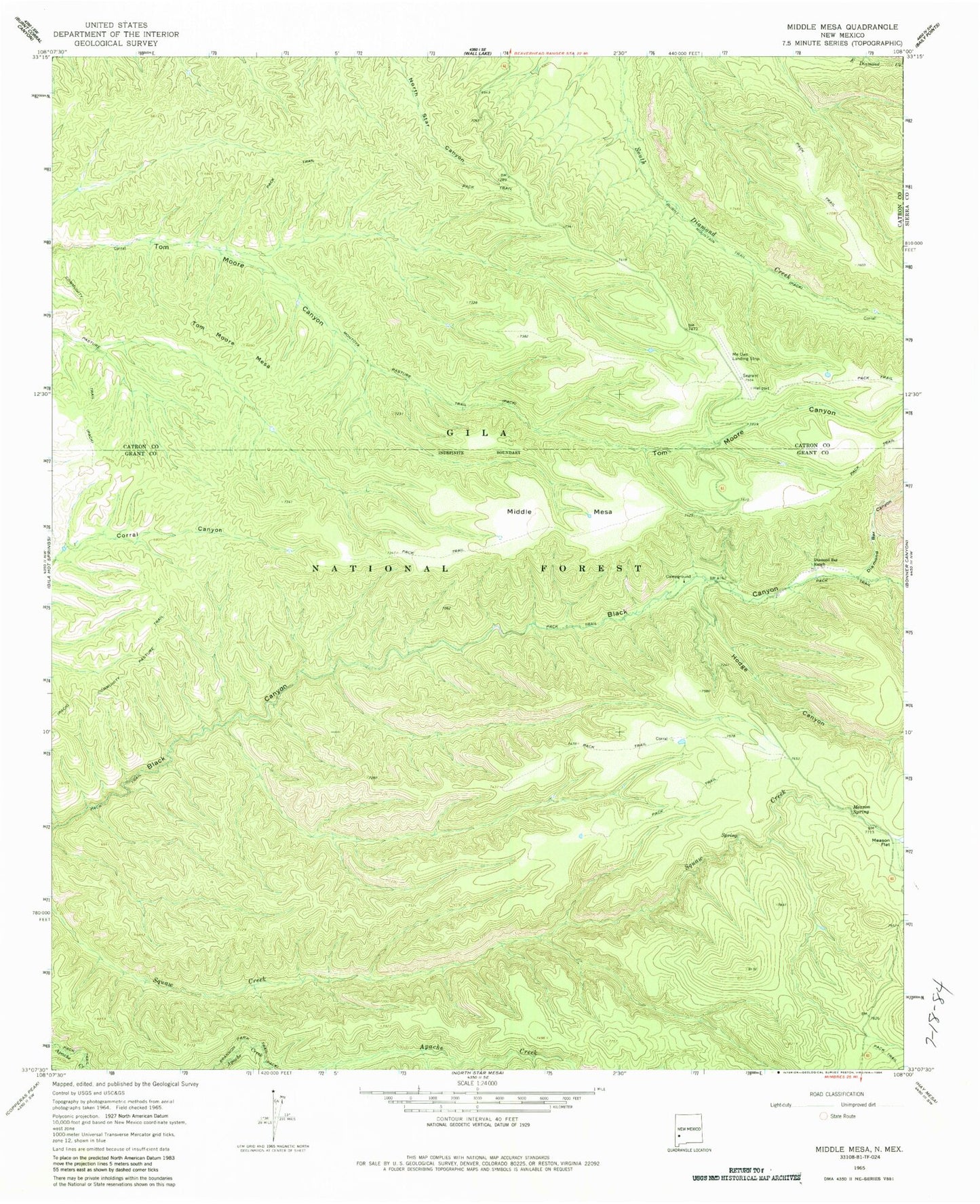 Classic USGS Middle Mesa New Mexico 7.5'x7.5' Topo Map Image