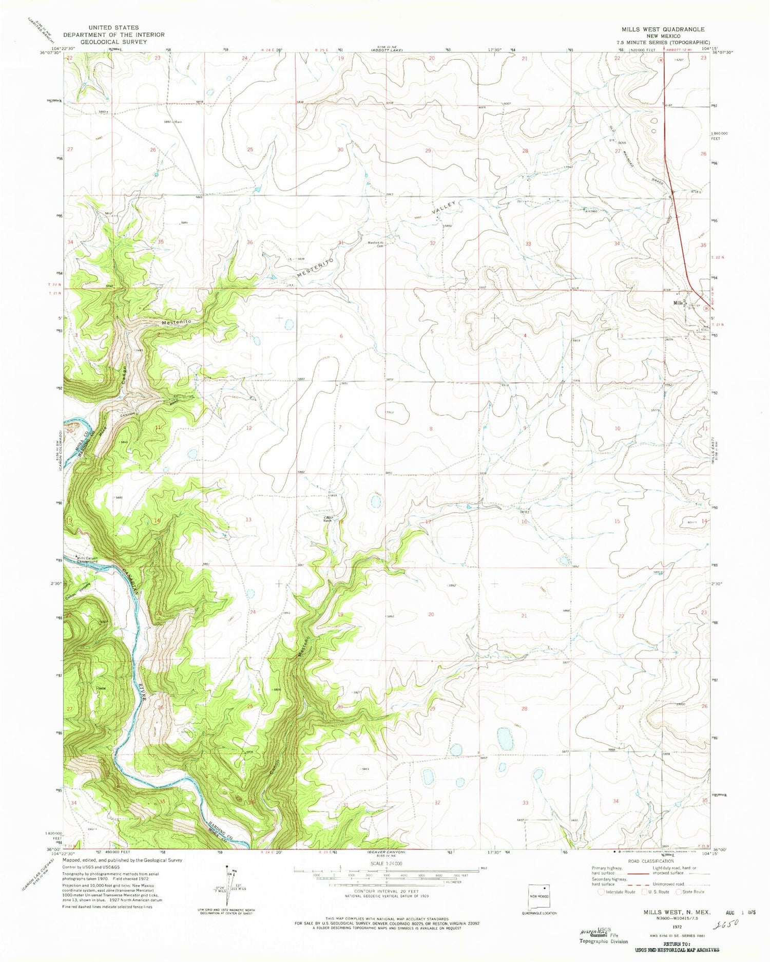 Classic USGS Mills West New Mexico 7.5'x7.5' Topo Map Image