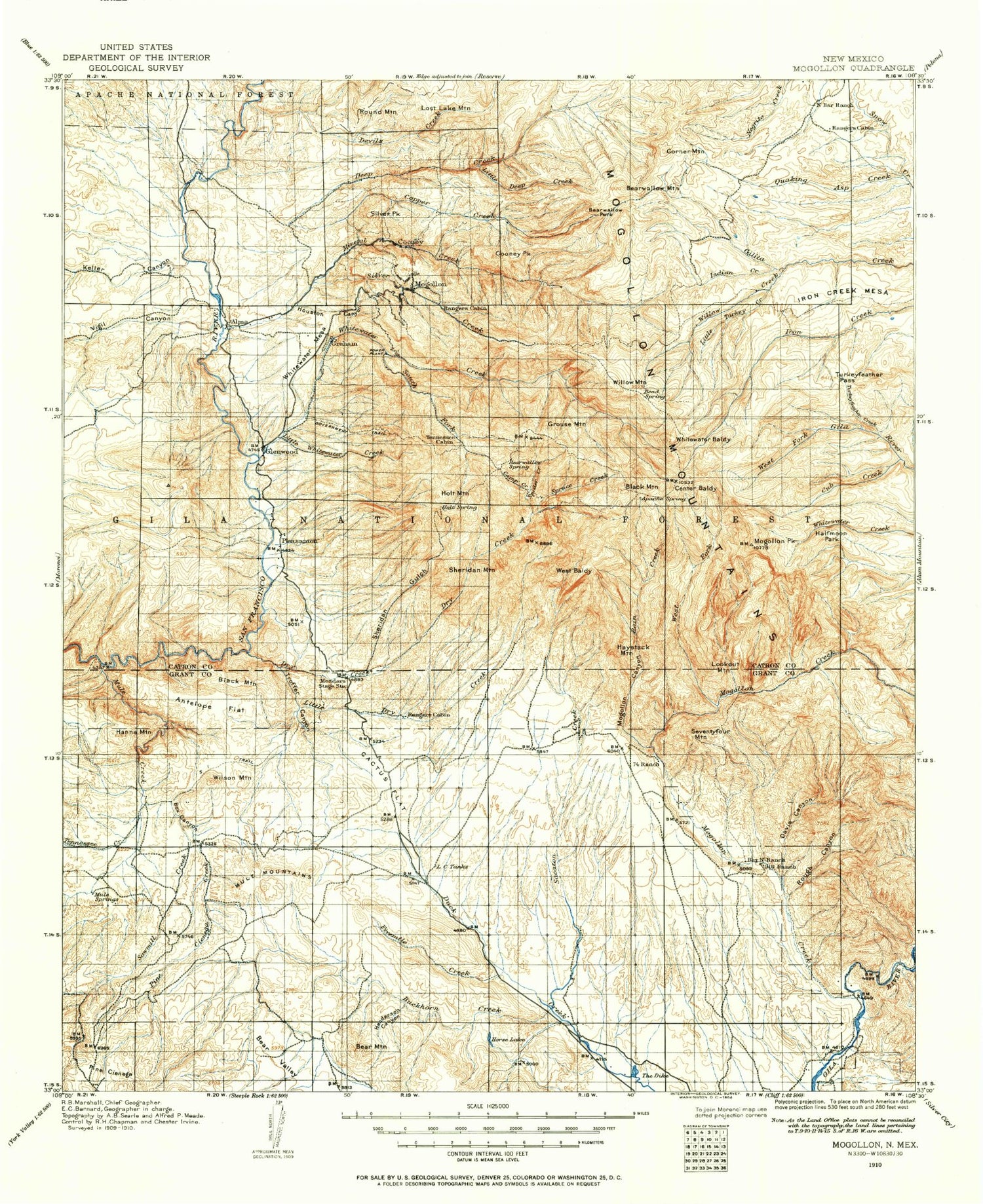Historic 1910 Mogollon New Mexico 30'x30' Topo Map Image