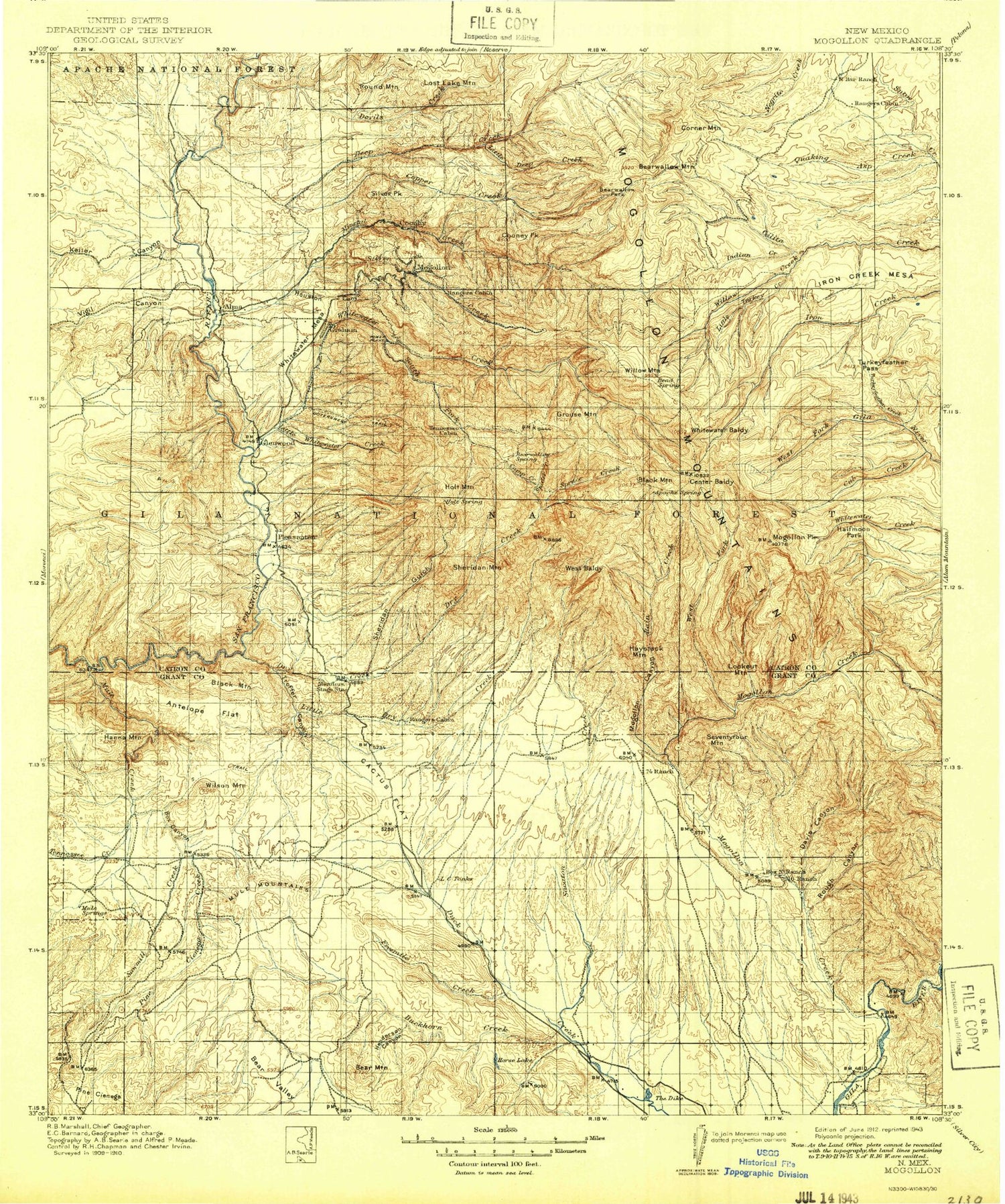 Historic 1912 Mogollon New Mexico 30'x30' Topo Map Image